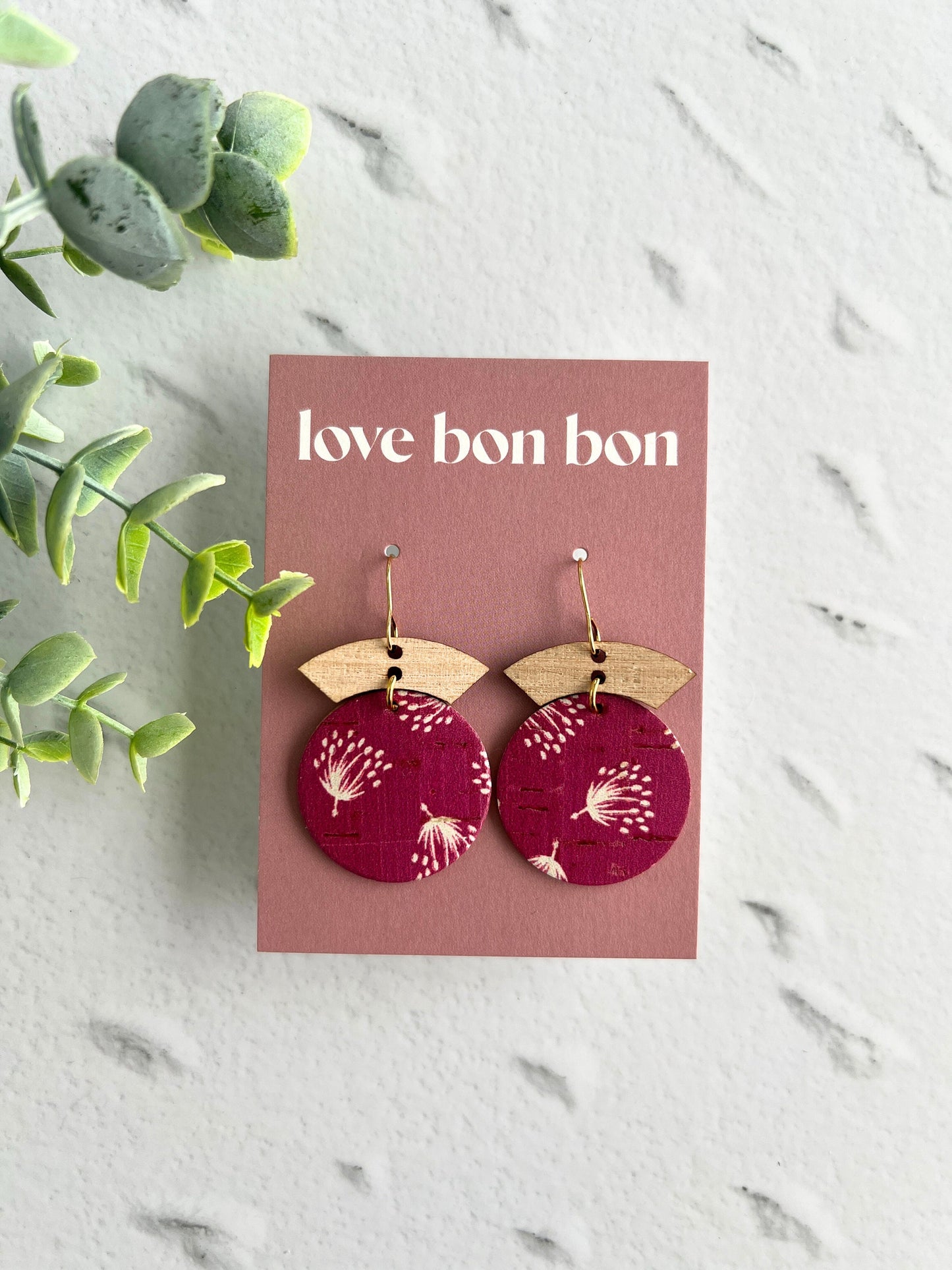 Cork and Leather Handmade Circle Earring with Wooden bar, dangle earring, handmade earring, hypo-allergenic stainless steel ear hook