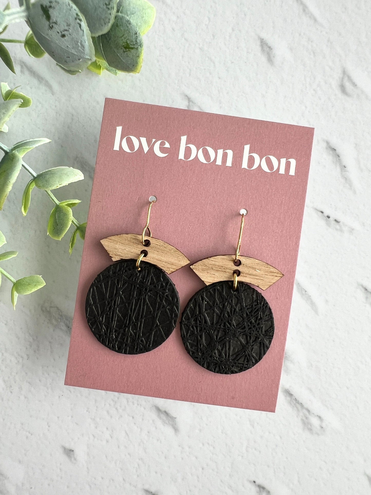 Embossed Leather Handmade Circle Earring with Wooden bar, dangle earring, handmade earring, hypo-allergenic stainless steel ear hook