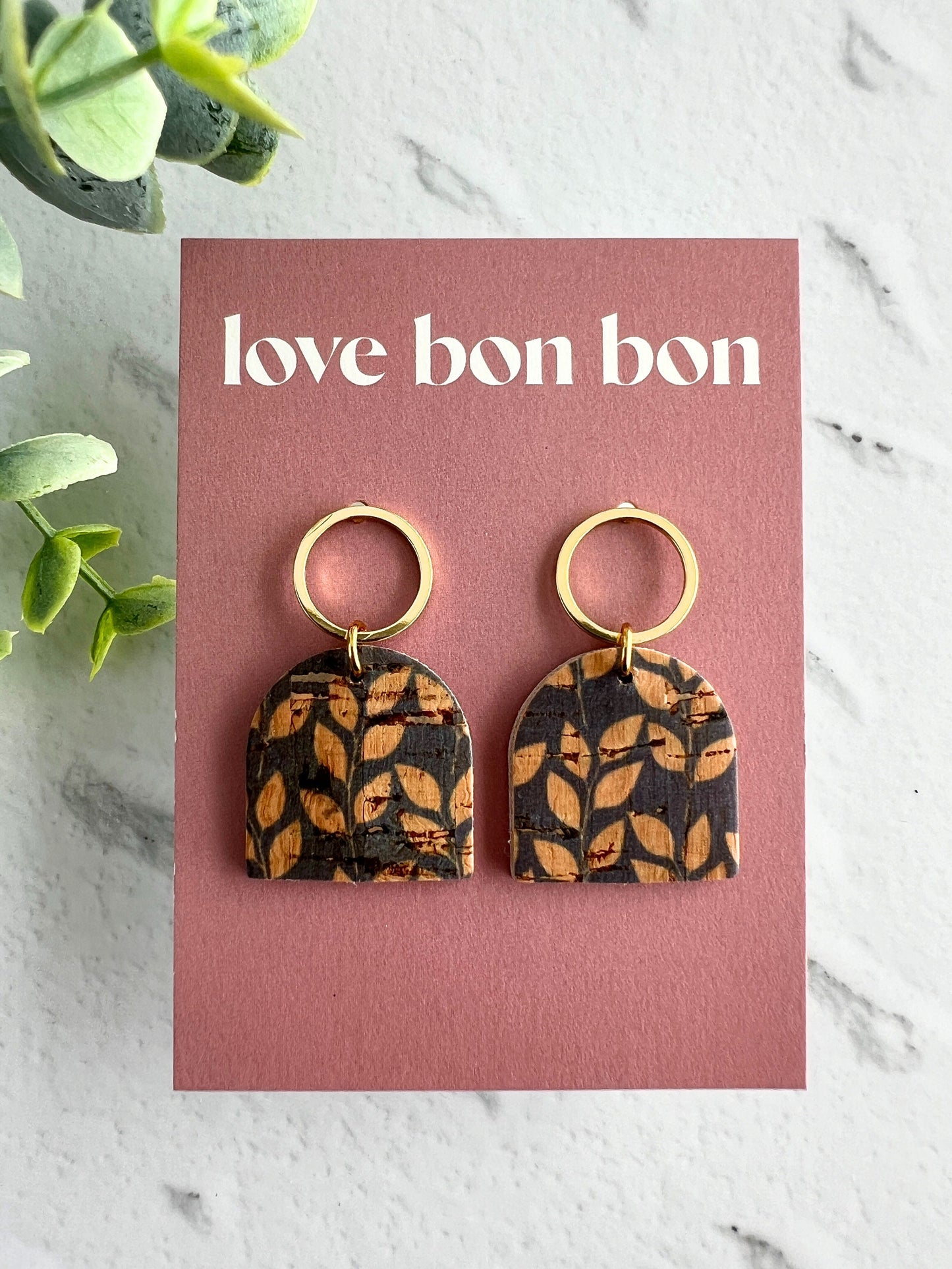 Genuine Cork on Leather Handmade Petite Earring with open Gold Stainless Steel circle topper - dangle earring - handmade earring - petite