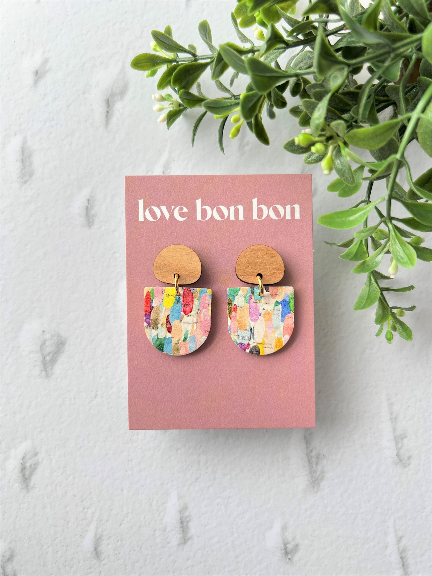 Cork and Leather Handmade Petite Earring with Wooden topper, dangle earring, handmade earring, confetti print, handmade earrings