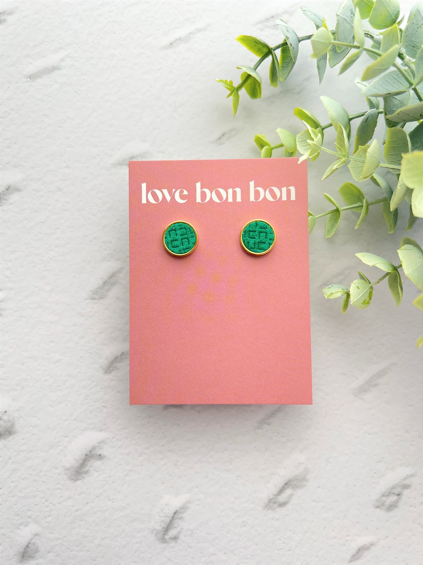Genuine Leather Studs in Gold Stainless Steel Bezel, gifts for her, handmade earring, emerald green studs, 14mm 1.4cm stud earring