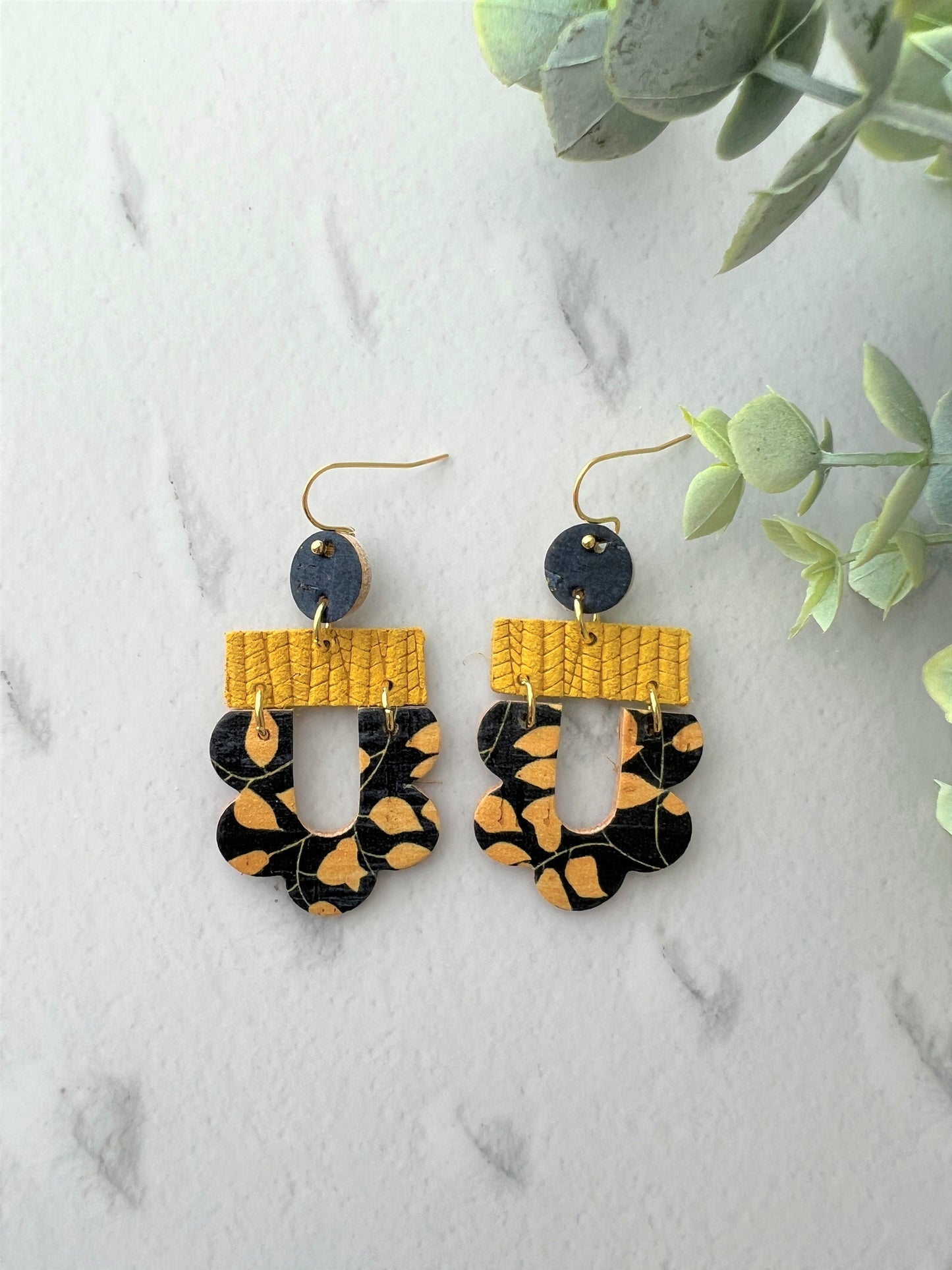 Cork and Genuine Leather Bright Handmade Dangle Earrings, drop earring, gift for her birthday gift, stainless steel earring hook, gift