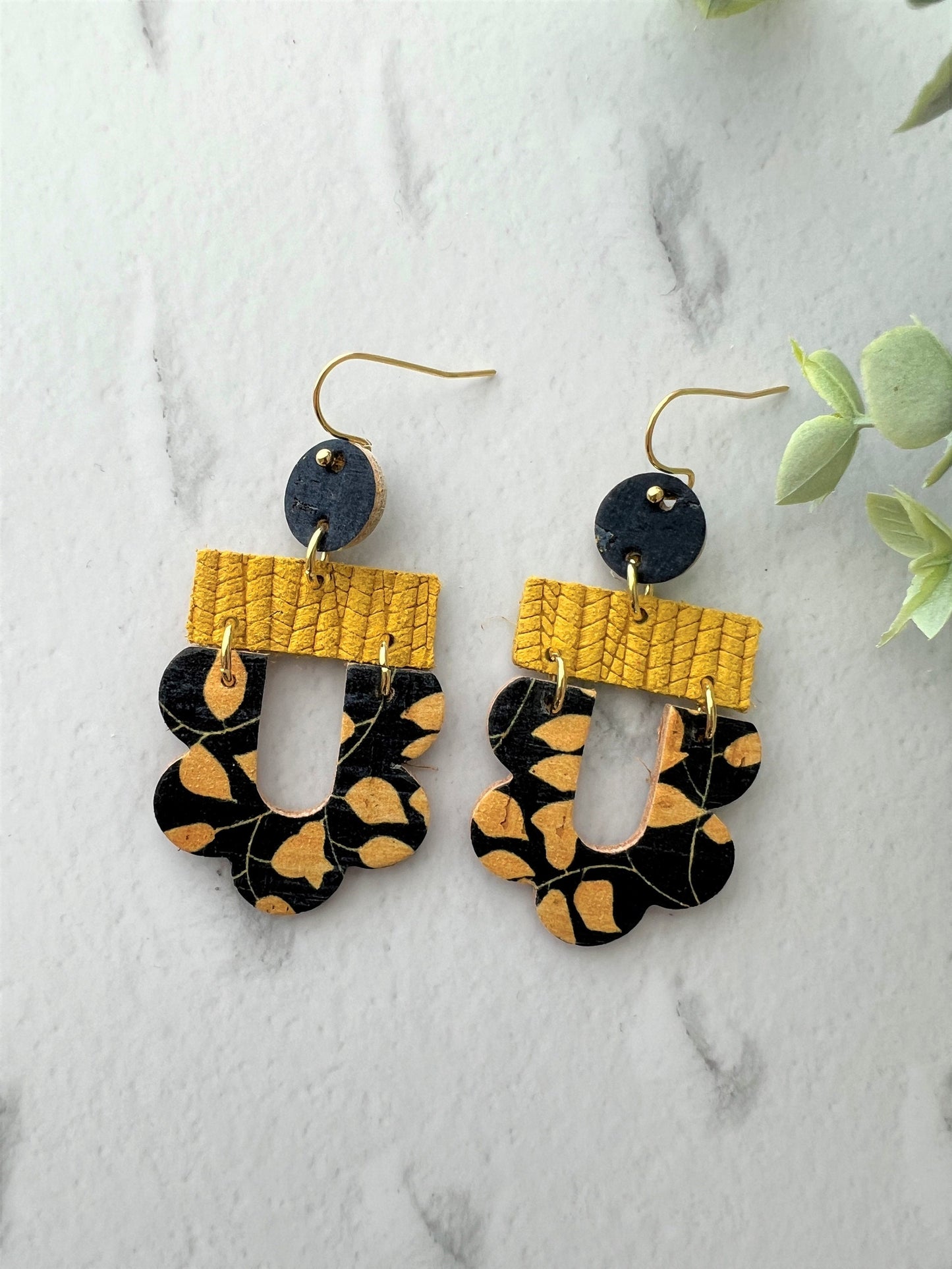 Cork and Genuine Leather Bright Handmade Dangle Earrings, drop earring, gift for her birthday gift, stainless steel earring hook, gift