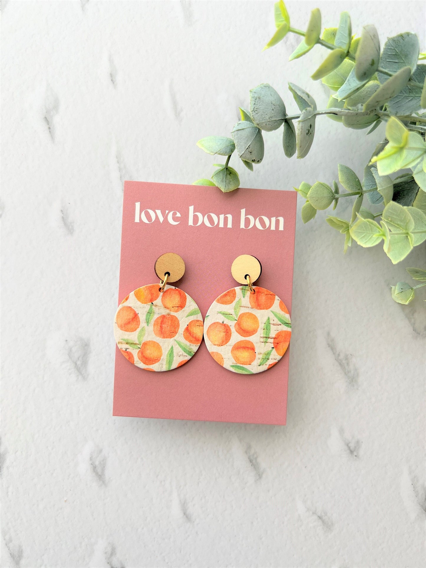 Cork and Leather Handmade Circle Earring with Wooden topper - dangle earring - handmade earring - peach print cork leather