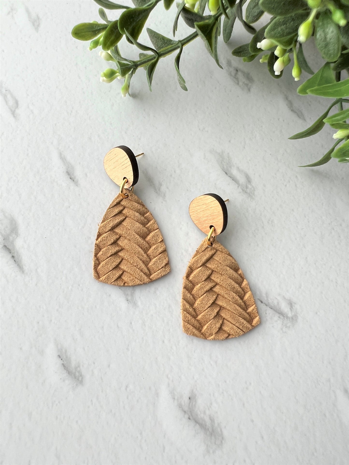 Braided Leather Handmade Triangle Earring with Wooden topper and stainless steel post, dangle earring, birthday gift, latte braided leather
