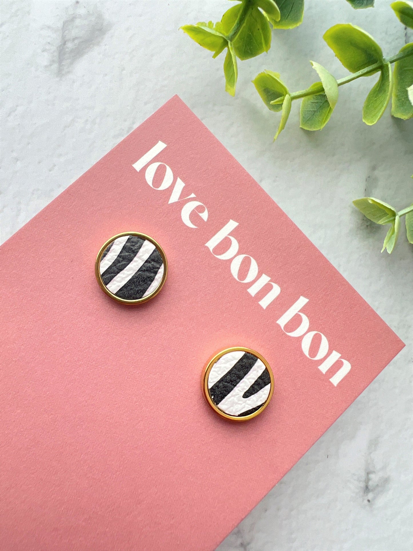 Genuine Leather Studs in Gold Stainless Steel Bezel, gifts for her, handmade earring, zebra print leather, 14mm 1.4cm stud earring