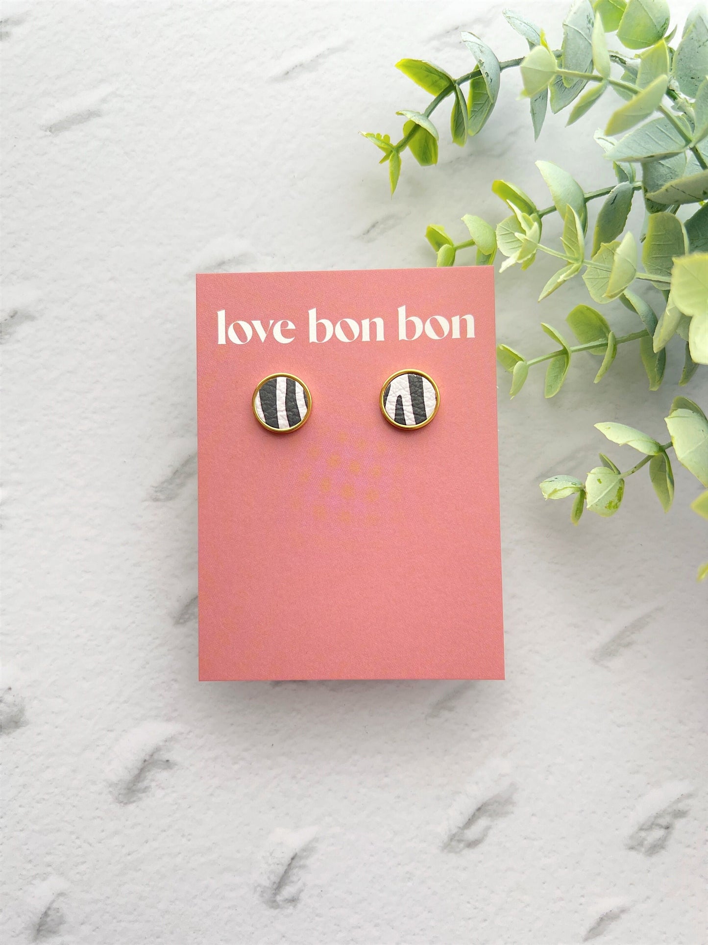 Genuine Leather Studs in Gold Stainless Steel Bezel, gifts for her, handmade earring, zebra print leather, 14mm 1.4cm stud earring