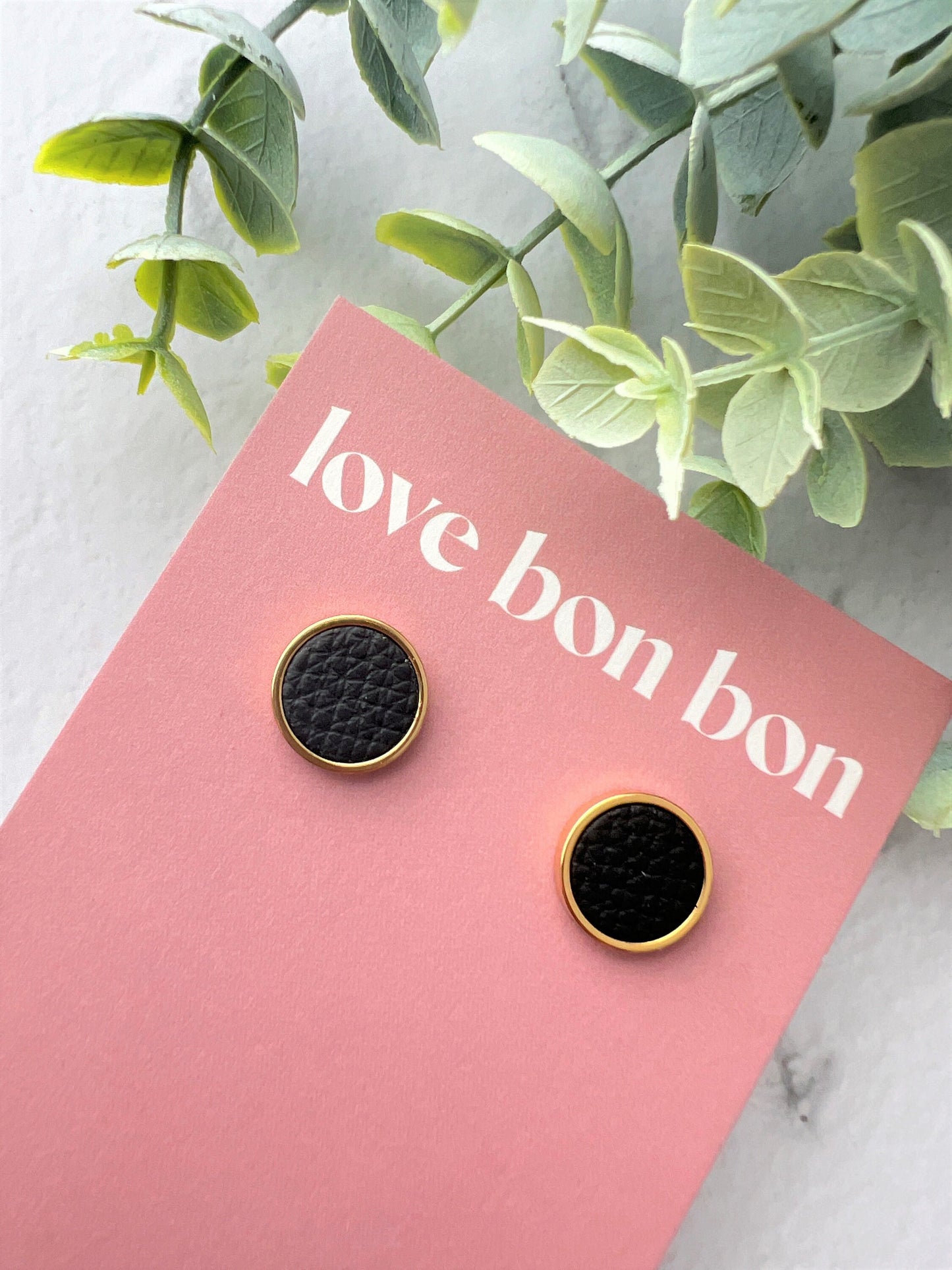 Genuine Leather Studs in Gold Stainless Steel Bezel, gifts for her, handmade earring, black leather studs, 14mm 1.4cm stud earring