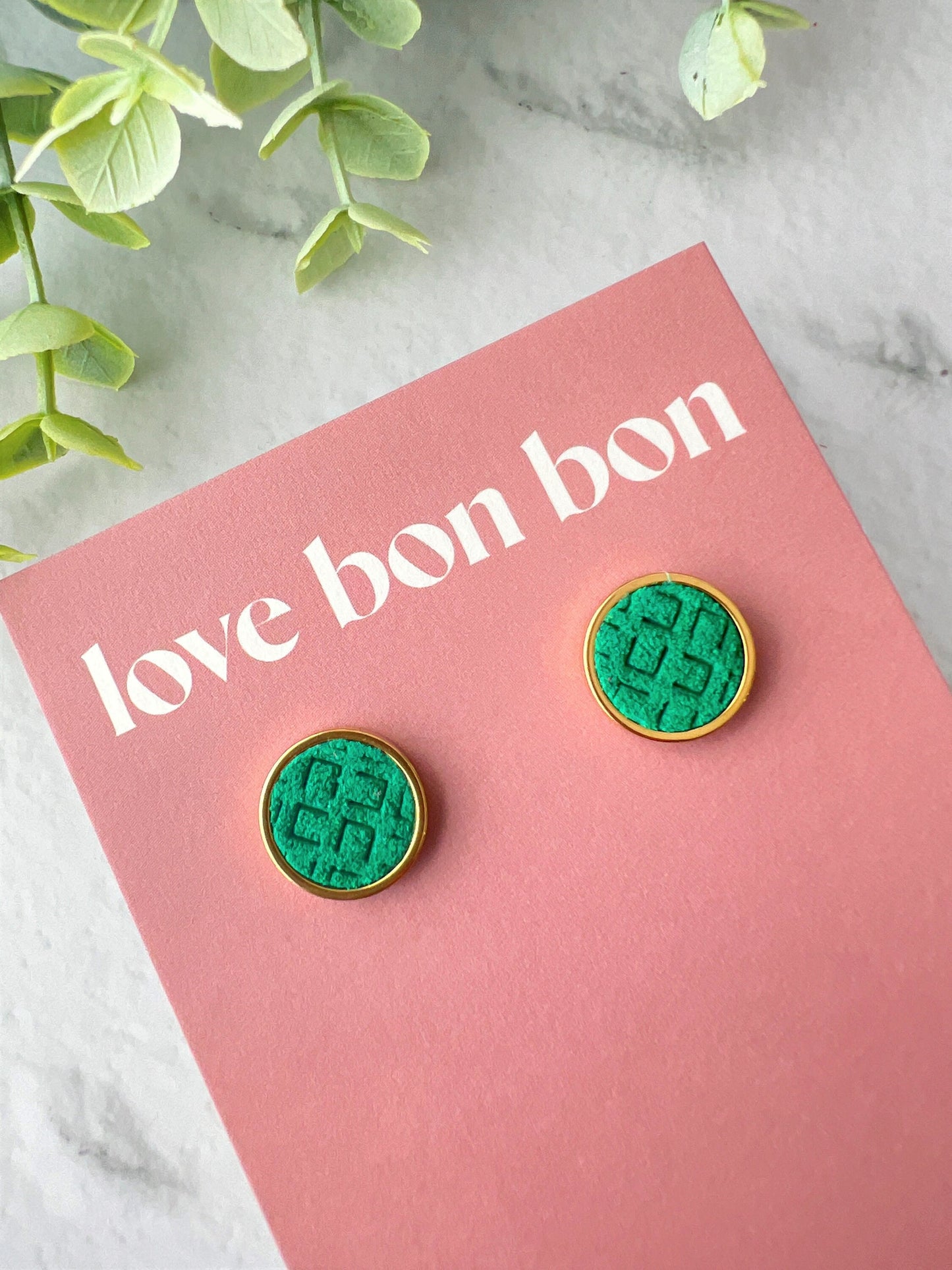 Genuine Leather Studs in Gold Stainless Steel Bezel, gifts for her, handmade earring, emerald green studs, 14mm 1.4cm stud earring