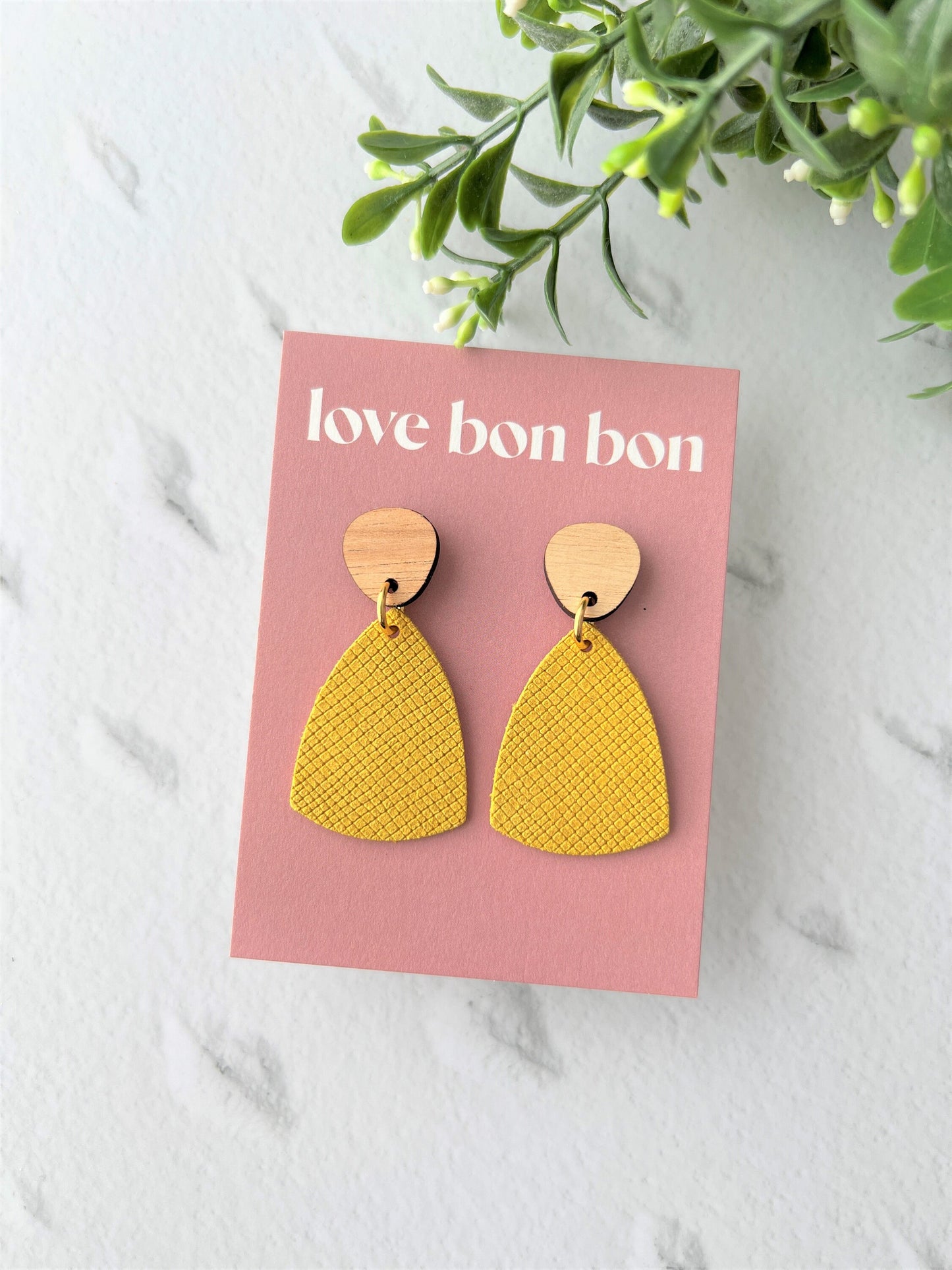 Leather Handmade Triangle Earring with Wooden topper and stainless steel post, dangle earring, birthday gift, yellow leather earring