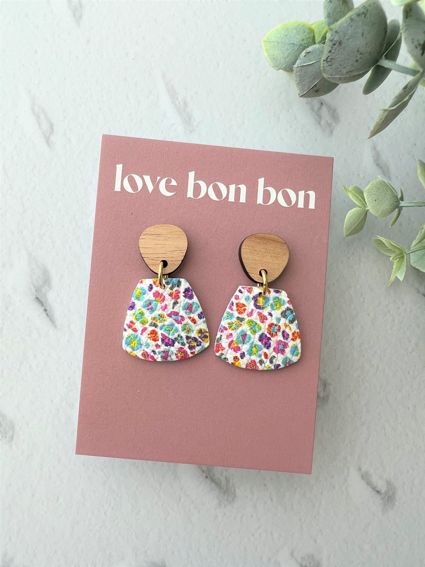 Genuine Leather Handmade Petite Earring with Wooden topper, dangle earring, handmade earring, gift for her, birthday gift, jewellery gift