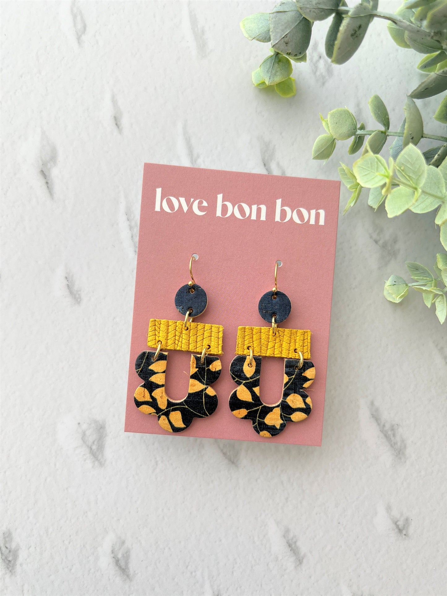 Cork and Genuine Leather Bright Handmade Dangle Earrings, drop earring, gift for her birthday gift, stainless steel earring hook, gift