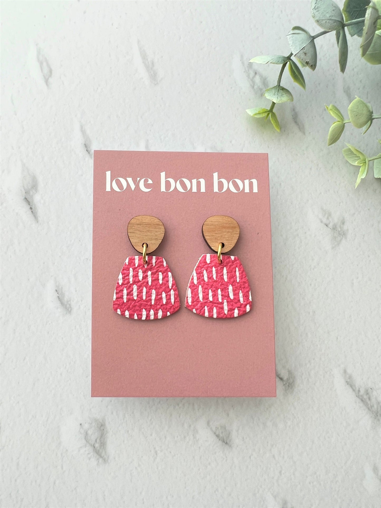 Genuine Leather Handmade Petite Earring with Wooden topper - dangle earring - handmade earring - red print leather
