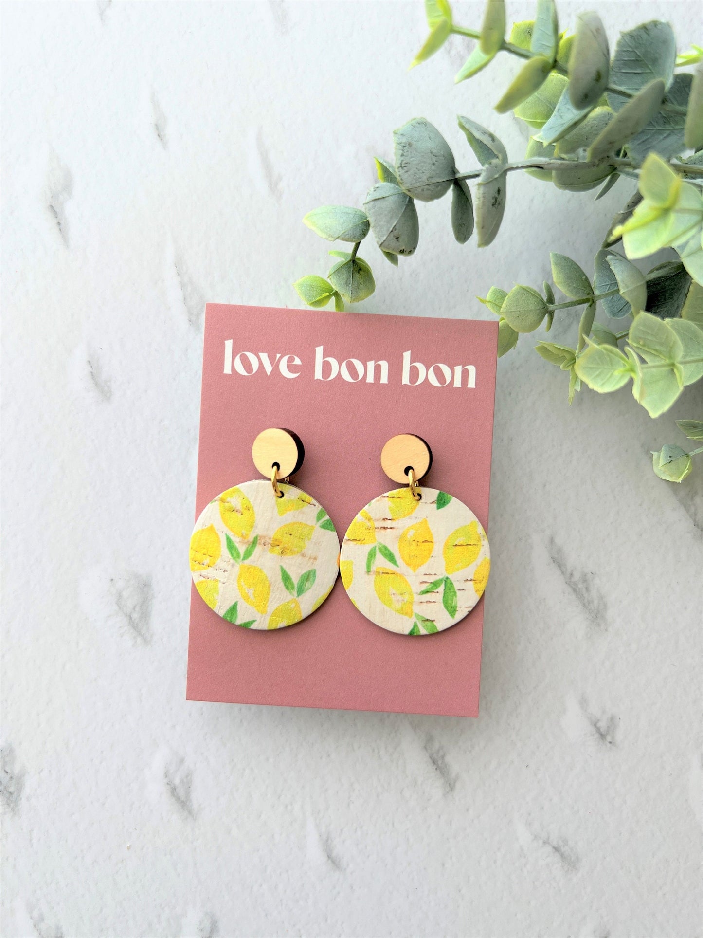 Cork and Leather Handmade Circle Earring with Wooden topper - dangle earring - handmade earring - lemon print cork leather