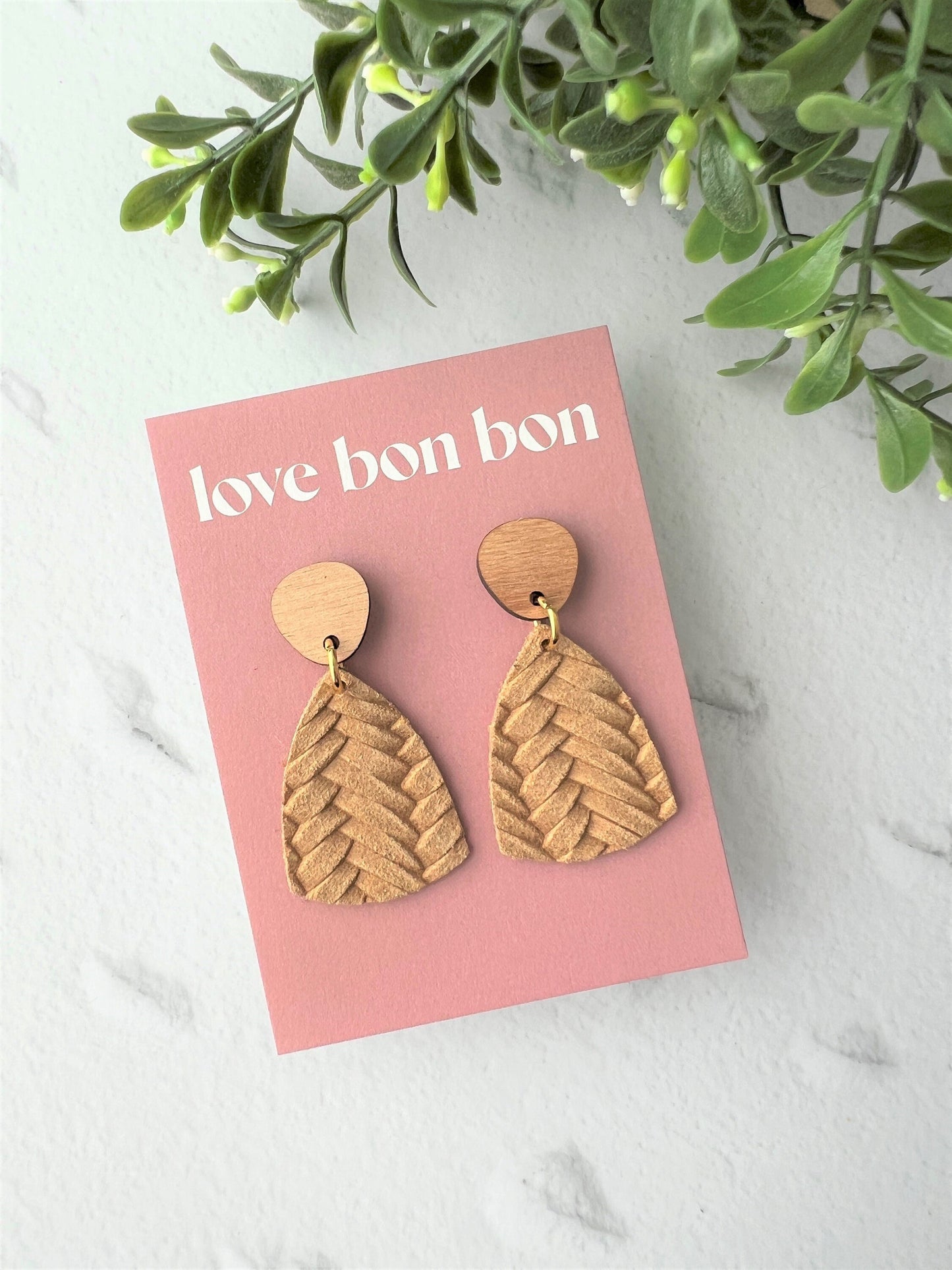 Braided Leather Handmade Triangle Earring with Wooden topper and stainless steel post, dangle earring, birthday gift, latte braided leather