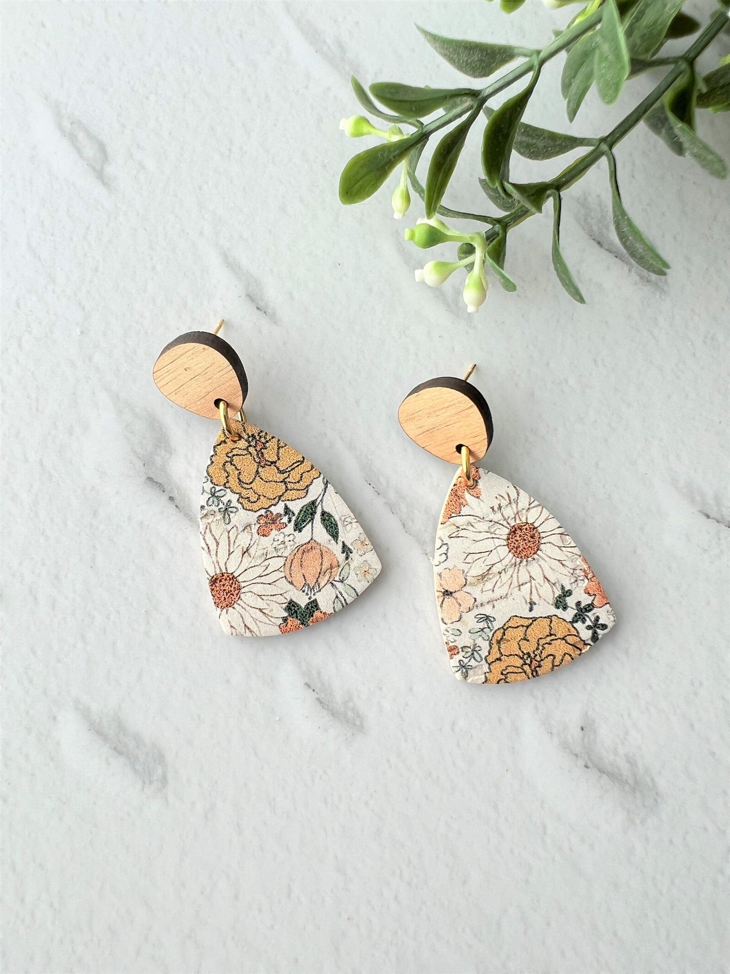 Cork and Leather Handmade Triangle Earring with Wooden topper & stainless steel post, dangle earring, birthday gift, floral print earring
