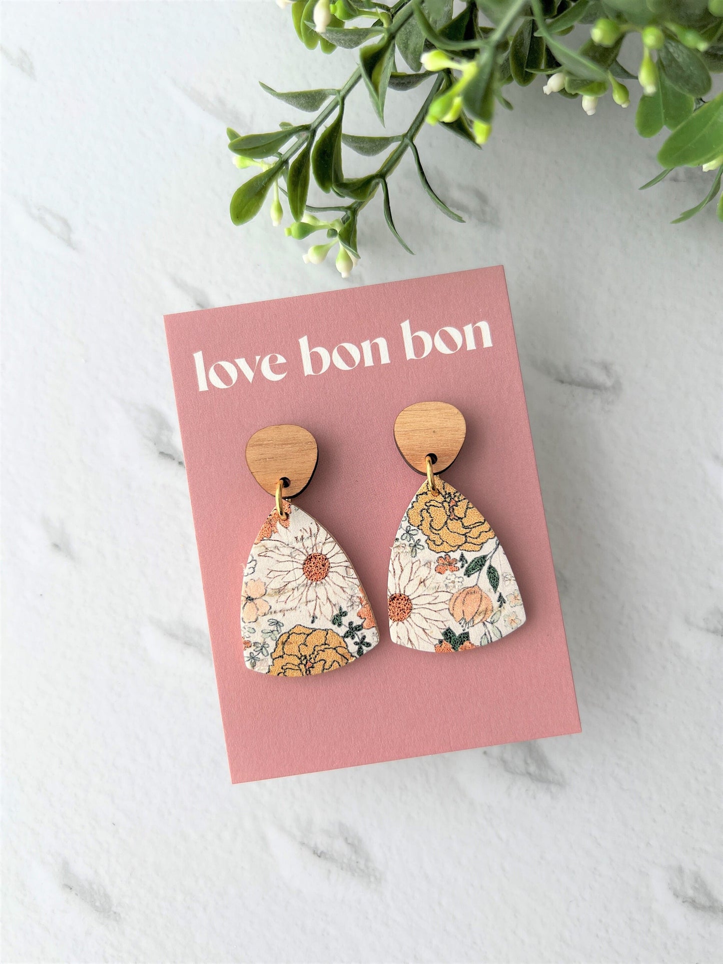 Cork and Leather Handmade Triangle Earring with Wooden topper & stainless steel post, dangle earring, birthday gift, floral print earring