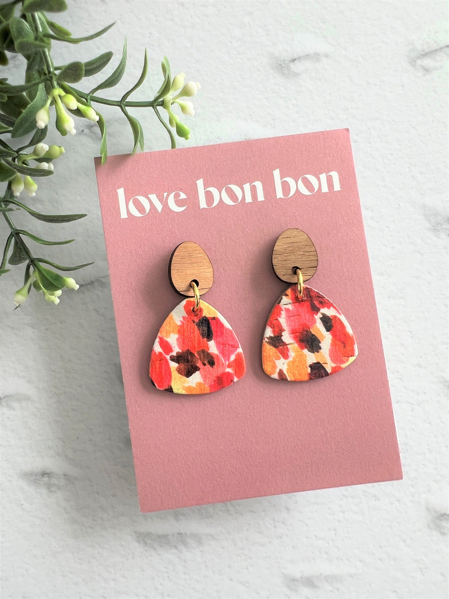 Cork and Leather Handmade Petite Triangle Earring with Wooden topper & stainless steel post, dangle earring, birthday gift, floral leather
