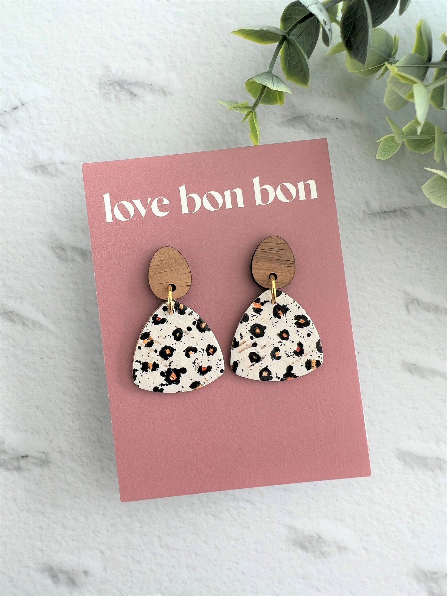 Cork and Leather Handmade Petite Triangle Earring with Wooden topper & stainless steel post, dangle earring, birthday gift, cheetah print