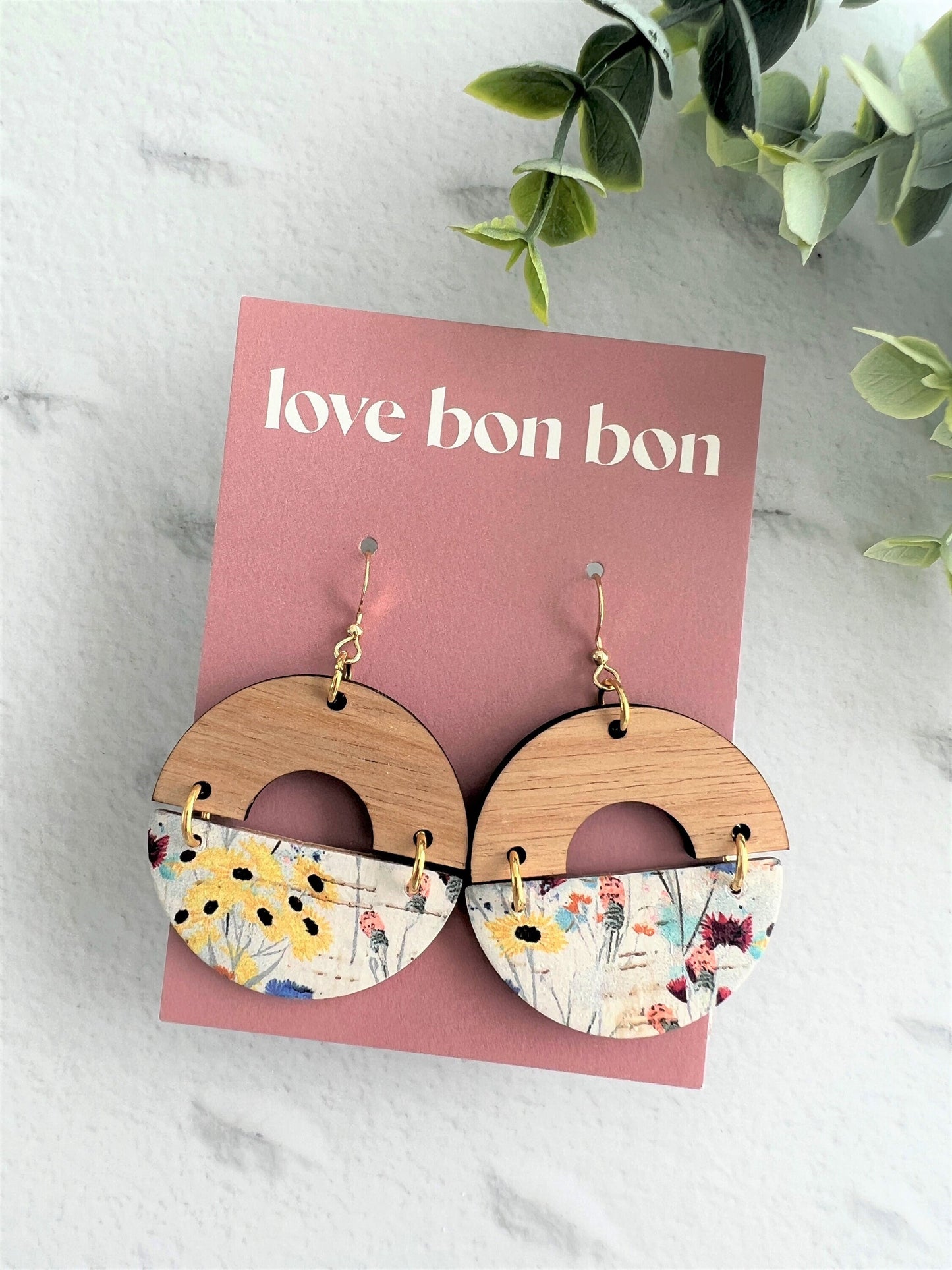 Cork and Leather Handmade Circle Earring with cut out half circle Wooden topper, dangle earring, handmade earring, floral print leather