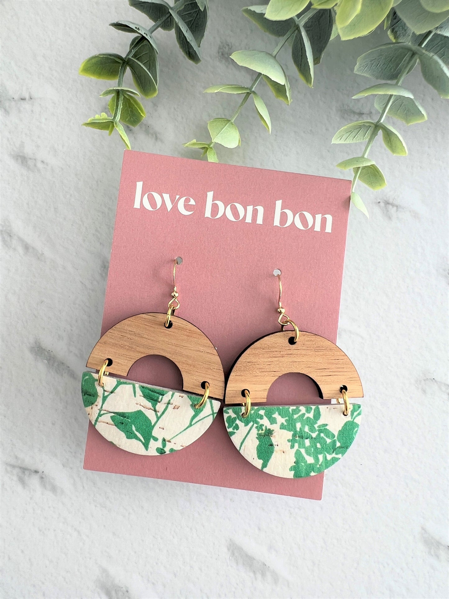 Cork and Leather Handmade Circle Earring with cut out half circle Wooden topper, dangle earring, handmade earring, floral print leather