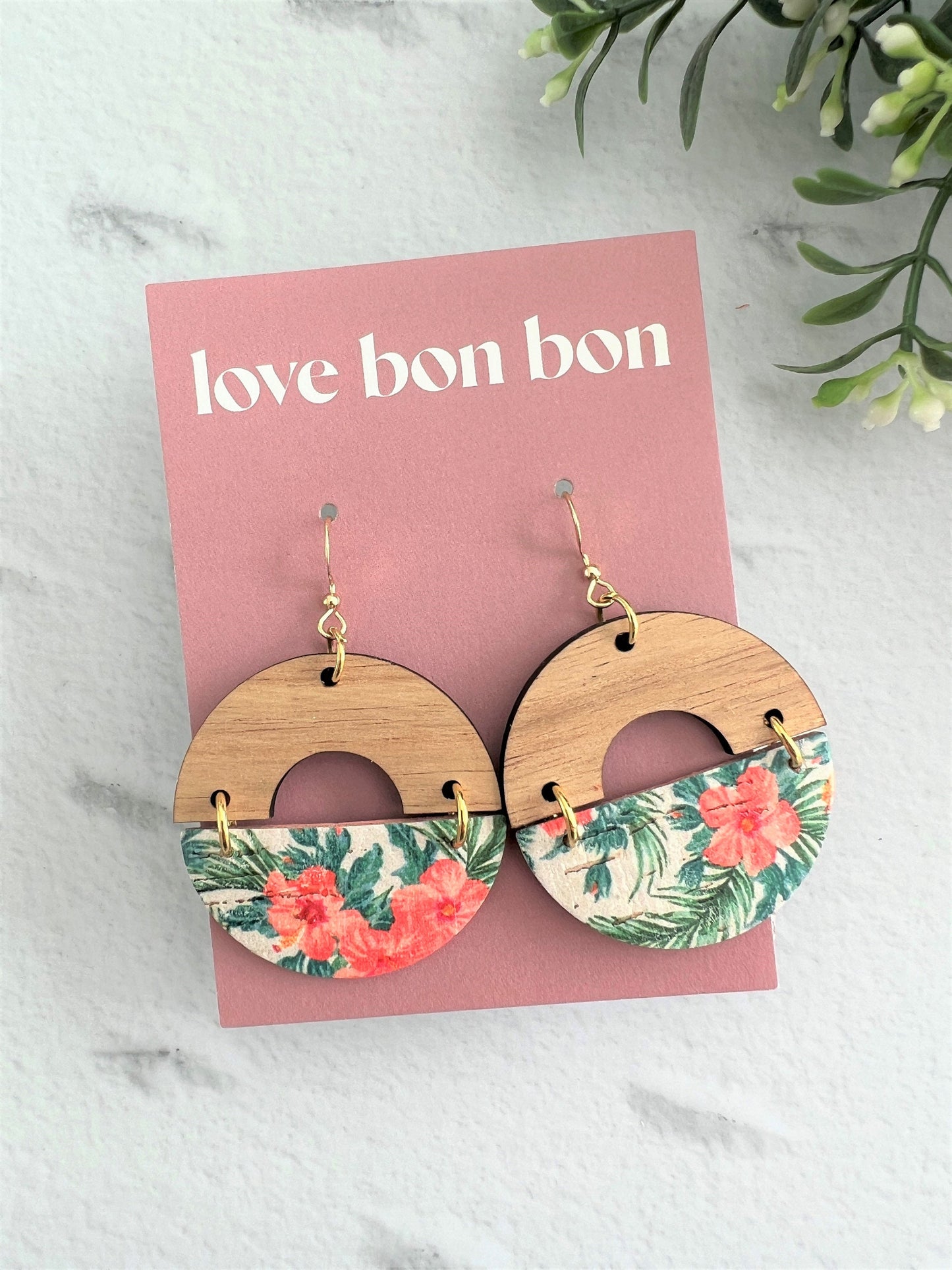 Cork and Leather Handmade Circle Earring with cut out half circle Wooden topper, dangle earring, handmade earring, floral print leather