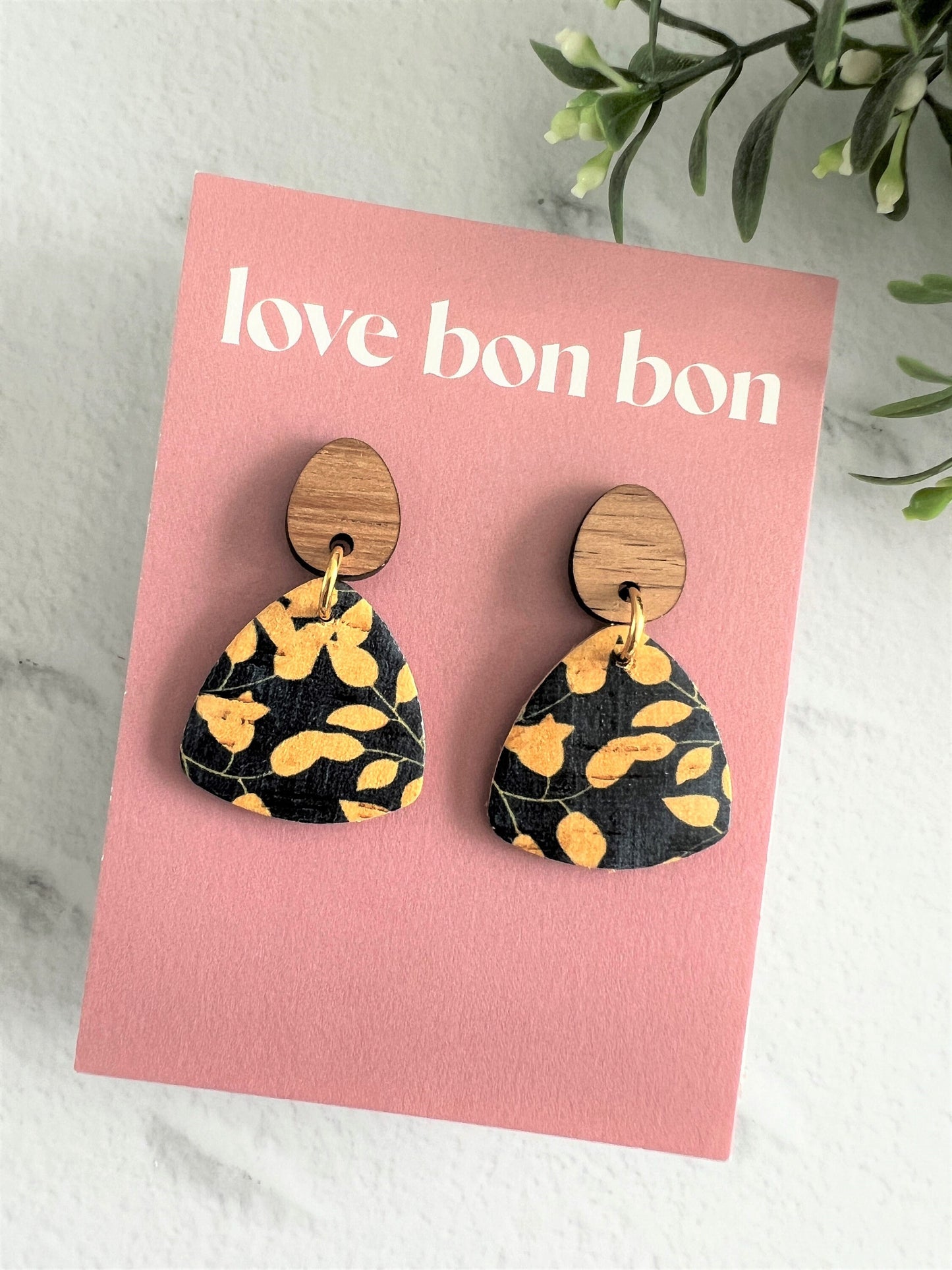Cork and Leather Handmade Petite Triangle Earring with Wooden topper & stainless steel post, dangle earring, birthday gift, floral leather