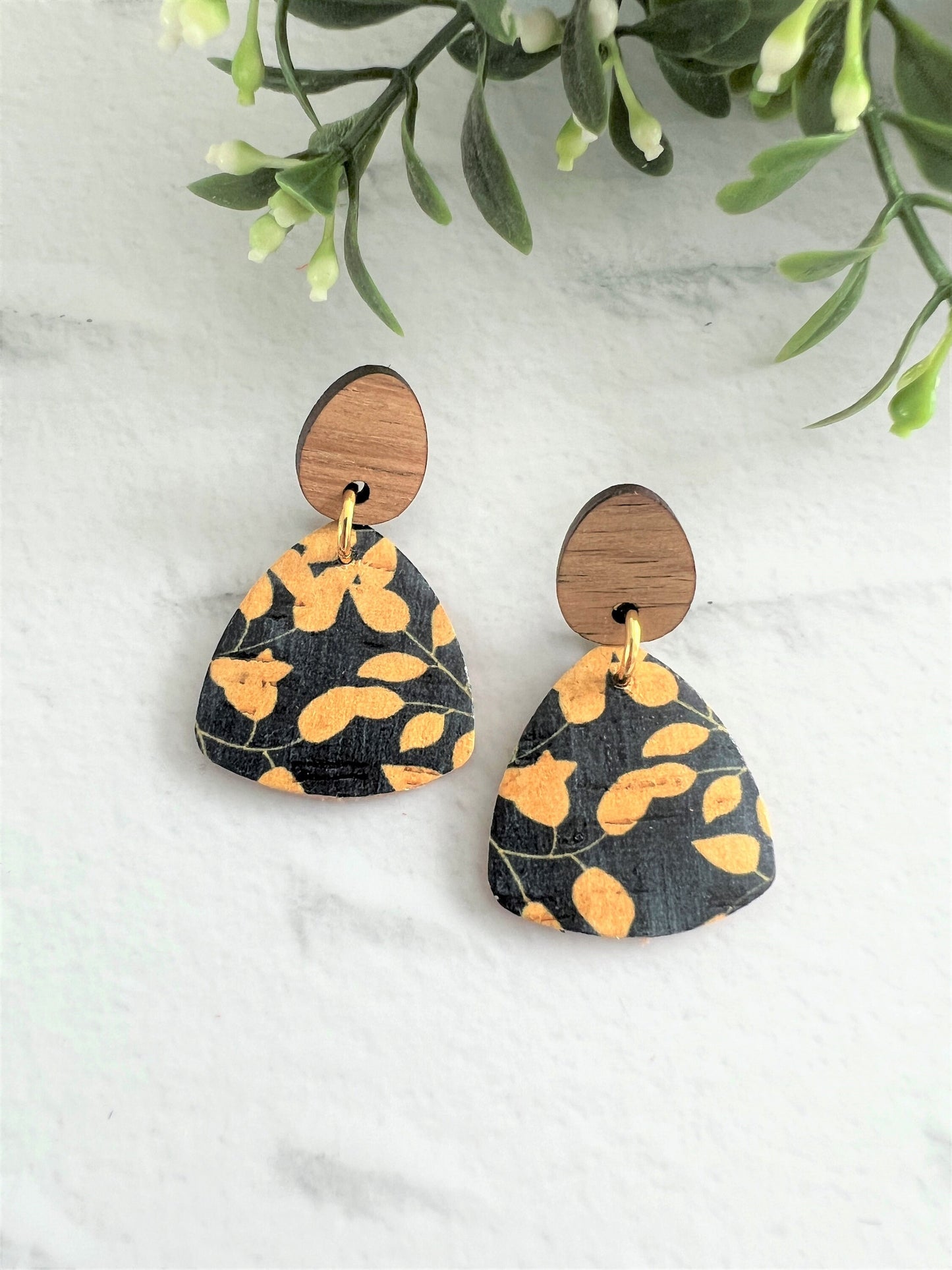 Cork and Leather Handmade Petite Triangle Earring with Wooden topper & stainless steel post, dangle earring, birthday gift, floral leather