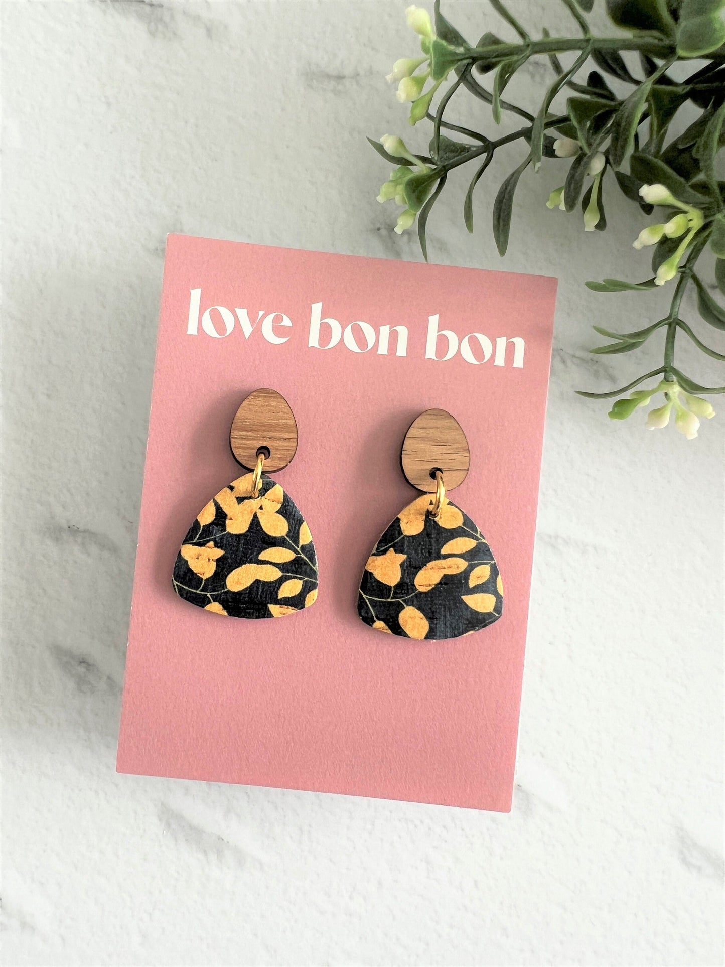 Cork and Leather Handmade Petite Triangle Earring with Wooden topper & stainless steel post, dangle earring, birthday gift, floral leather
