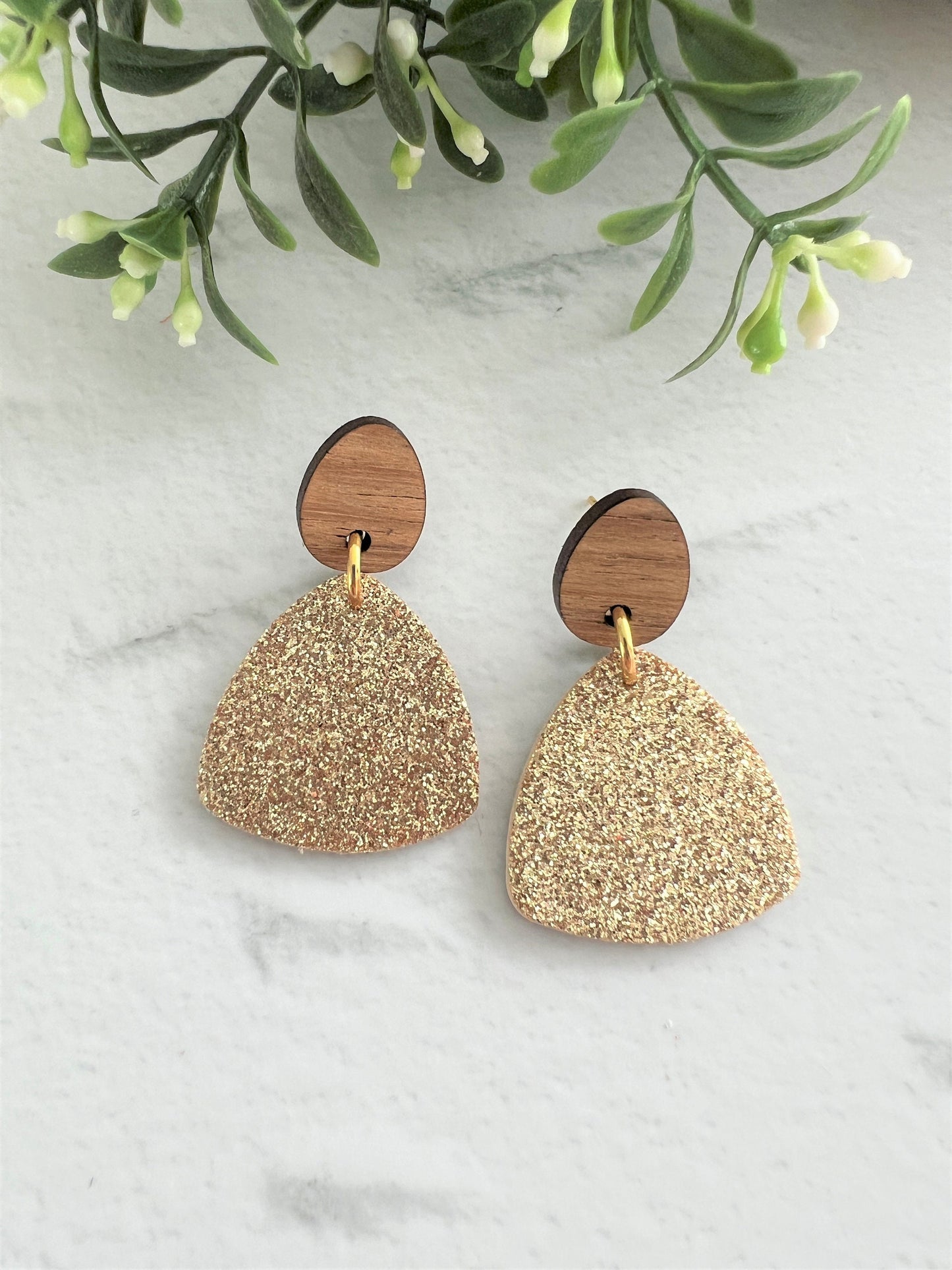 Cork and Leather Handmade Petite Triangle Earring with Wooden topper & stainless steel post, dangle earring, birthday gift, gold glitter