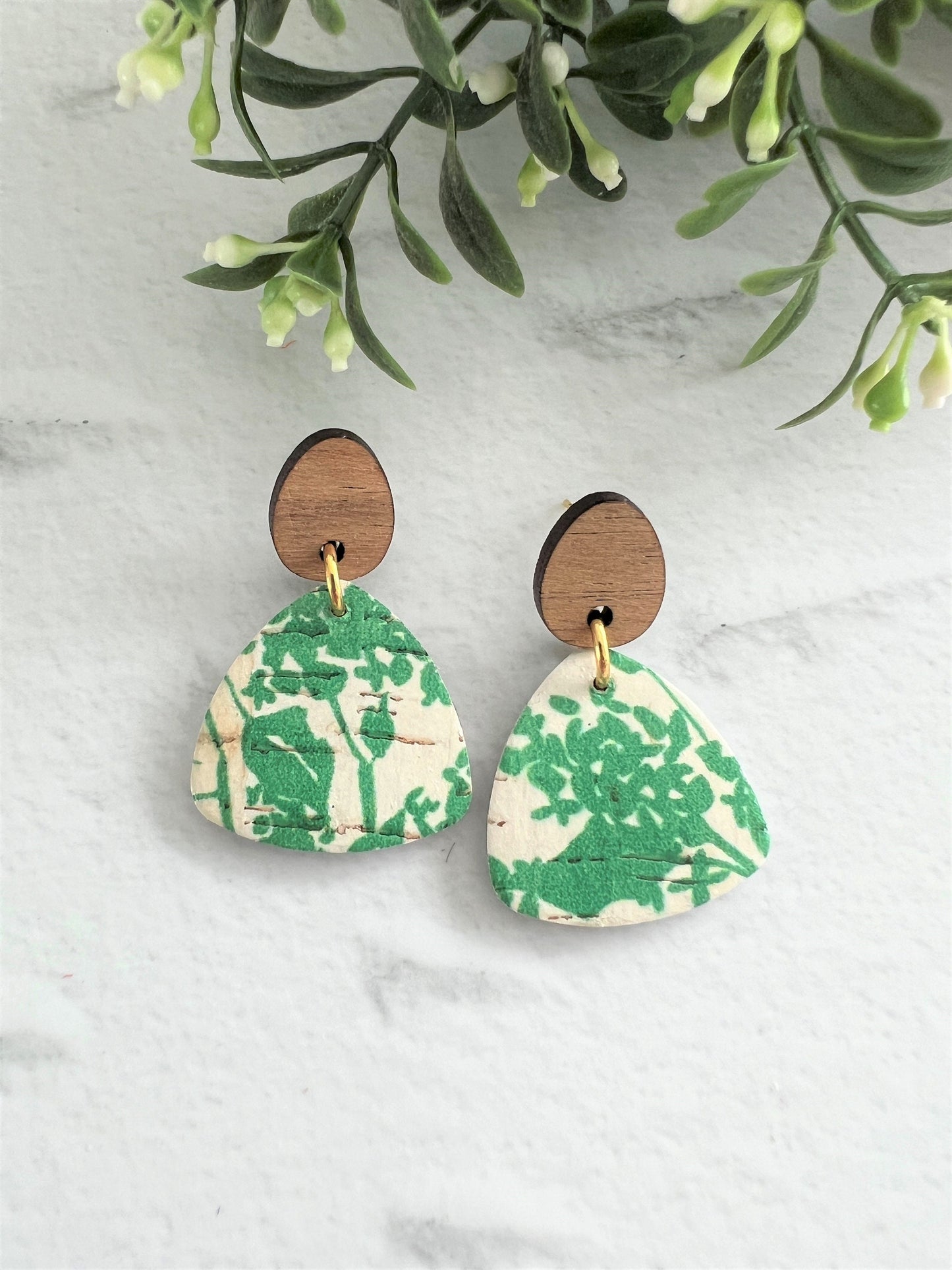 Cork and Leather Handmade Petite Triangle Earring with Wooden topper & stainless steel post, dangle earring, birthday gift, green floral