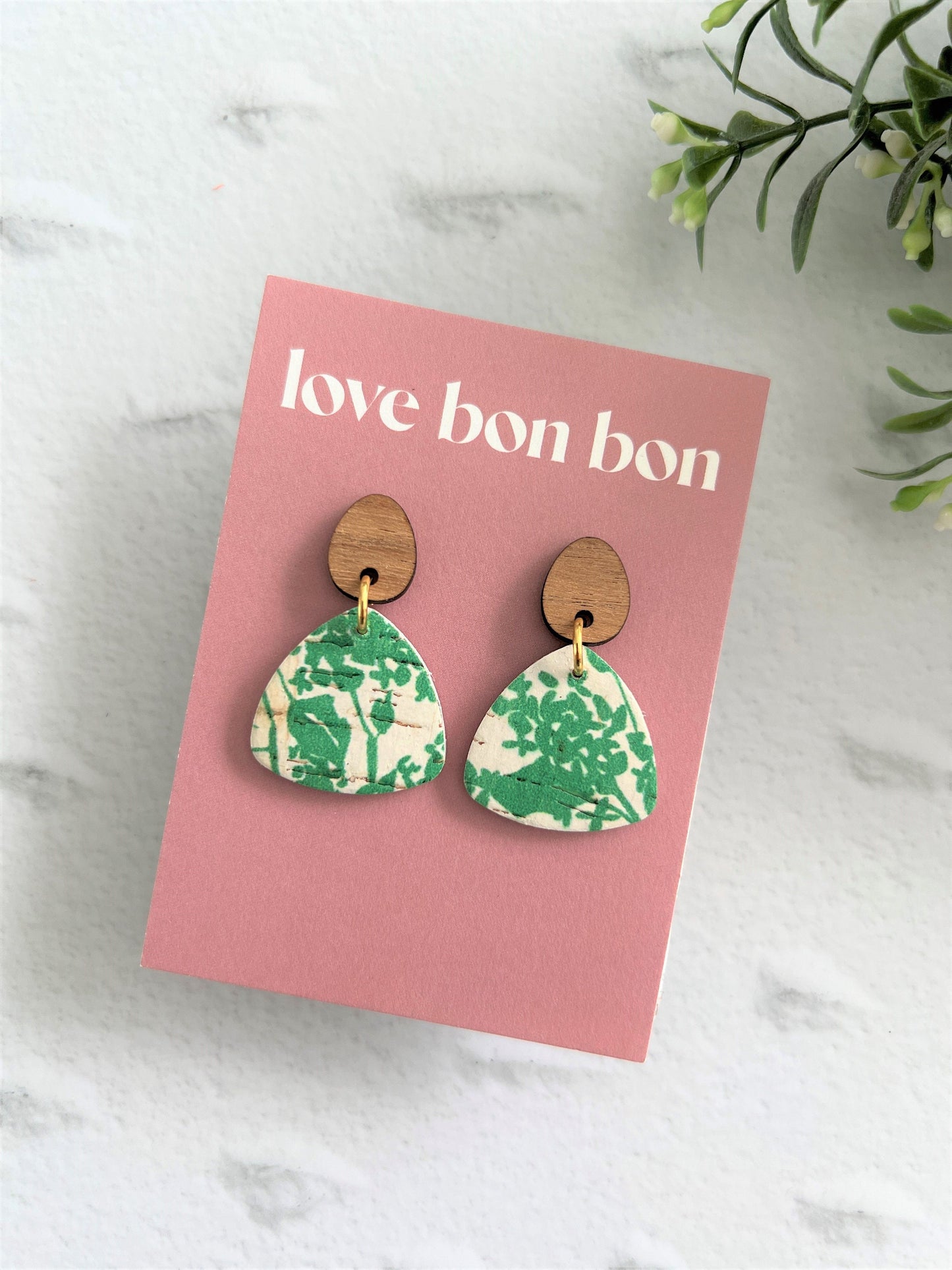 Cork and Leather Handmade Petite Triangle Earring with Wooden topper & stainless steel post, dangle earring, birthday gift, green floral
