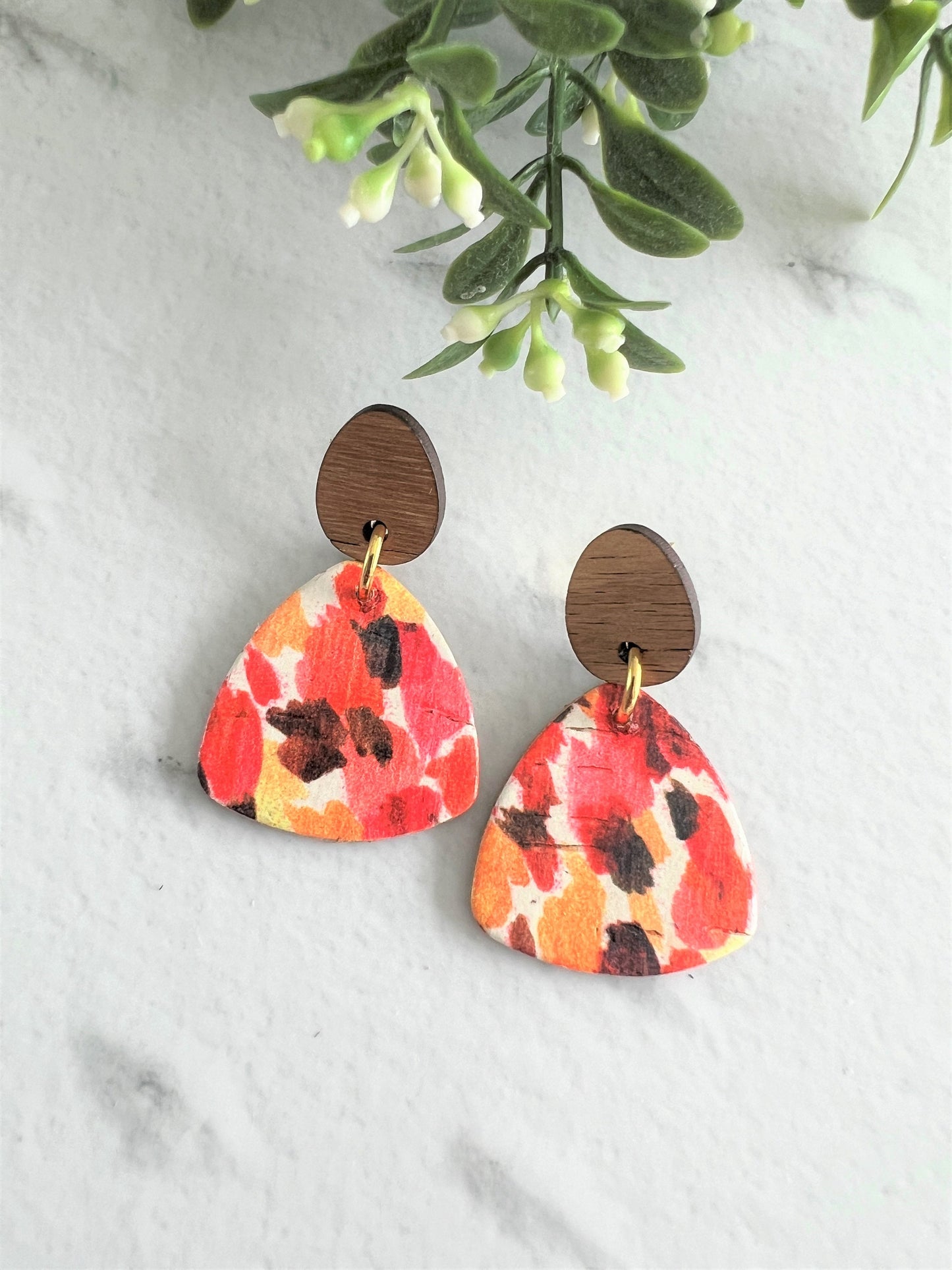 Cork and Leather Handmade Petite Triangle Earring with Wooden topper & stainless steel post, dangle earring, birthday gift, floral leather