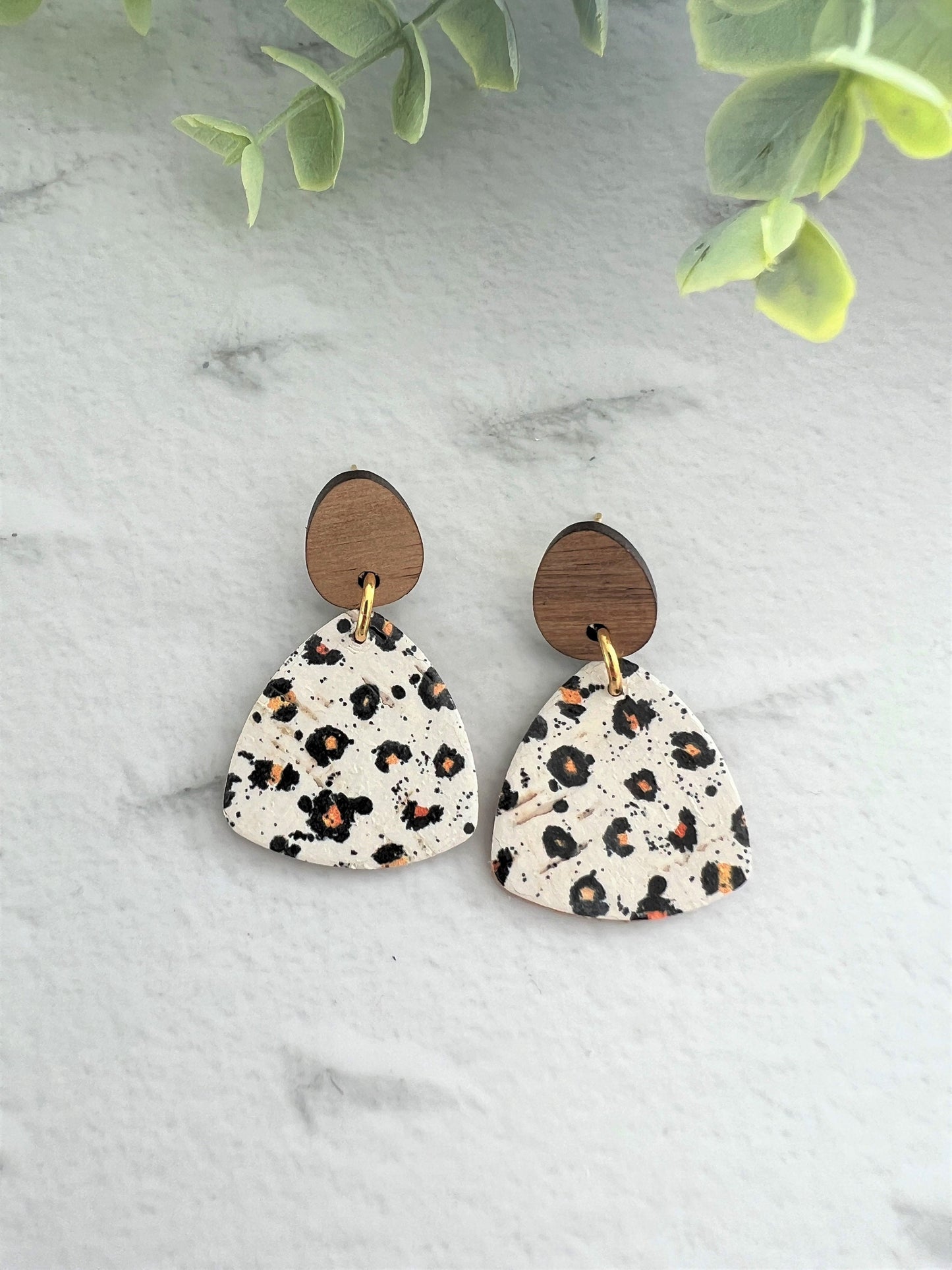 Cork and Leather Handmade Petite Triangle Earring with Wooden topper & stainless steel post, dangle earring, birthday gift, cheetah print