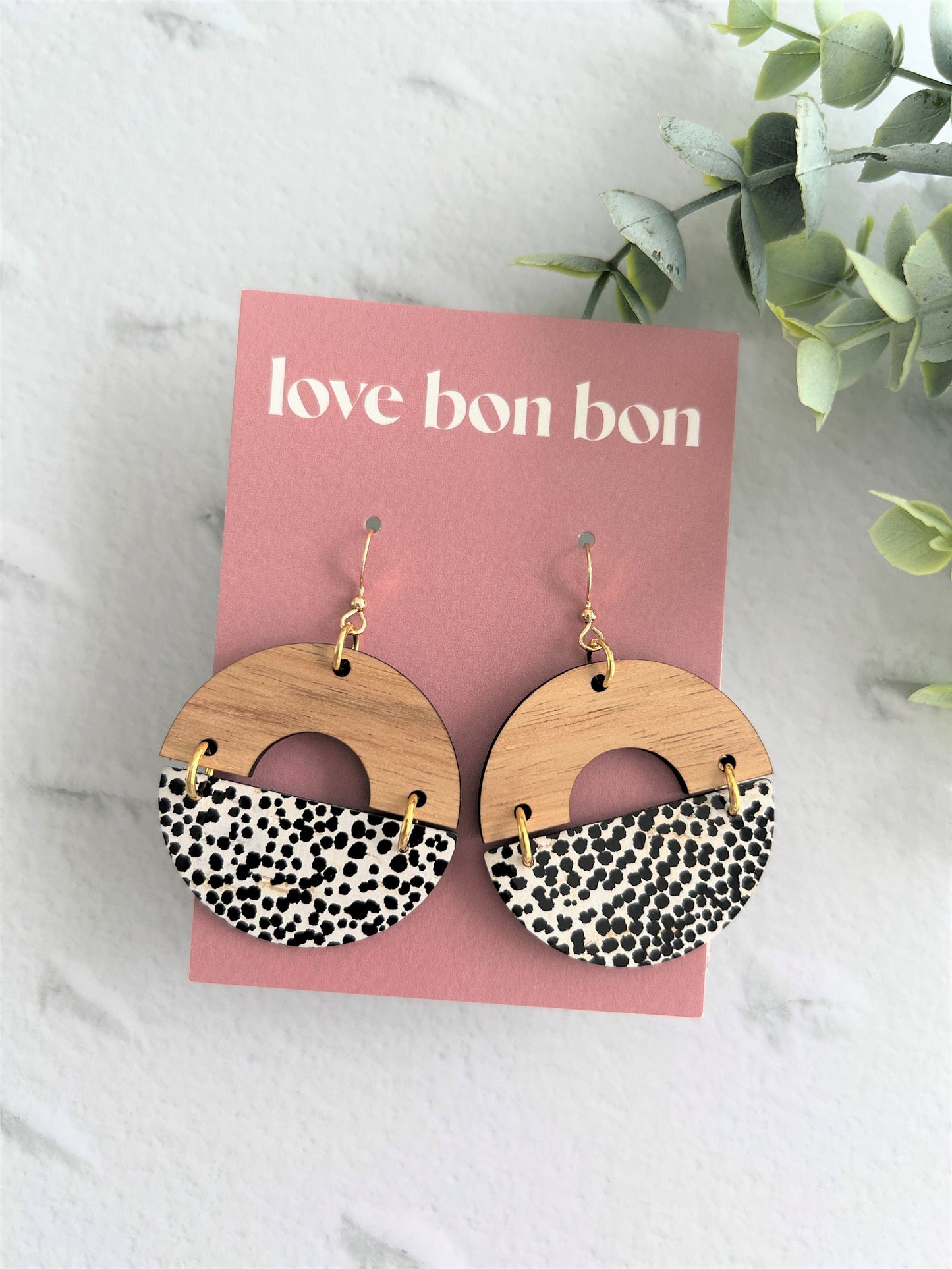 Cork and Leather Handmade Circle Earring with cut out half circle Wooden topper, dangle earring, handmade earring, tiny dots leather