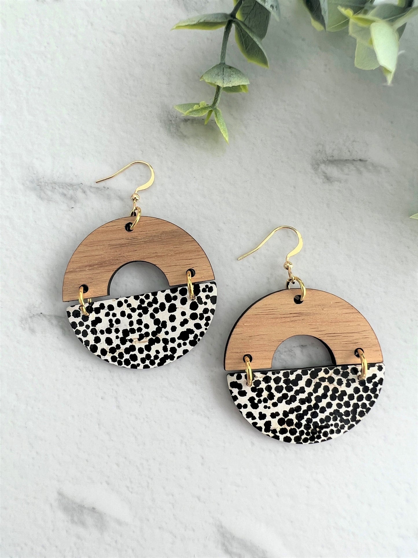 Cork and Leather Handmade Circle Earring with cut out half circle Wooden topper, dangle earring, handmade earring, tiny dots leather