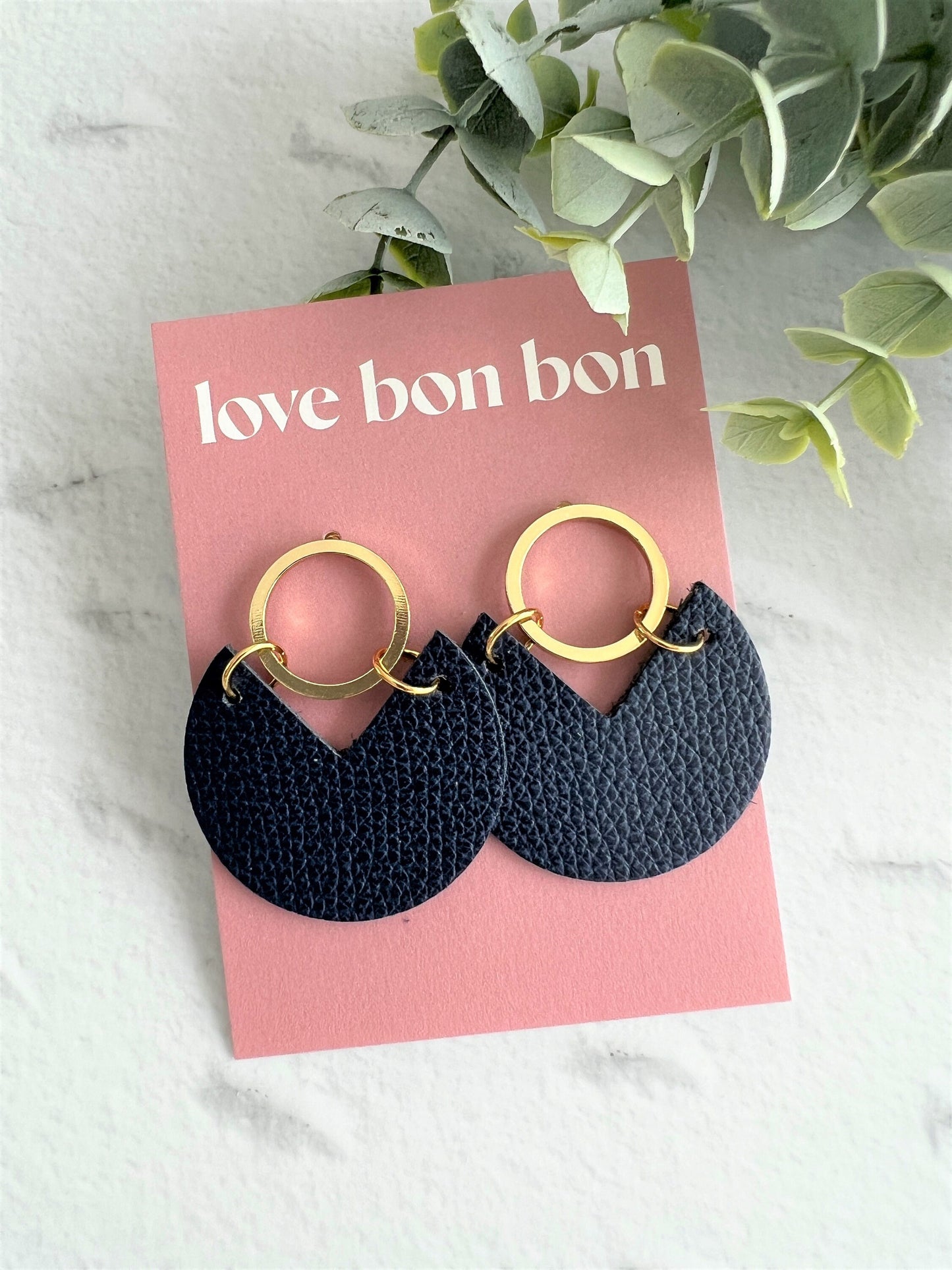 Handmade Genuine Cork and Leather Circle dangle earring - drop earring, birthday gift, navy handmade earrings, leather jewellery