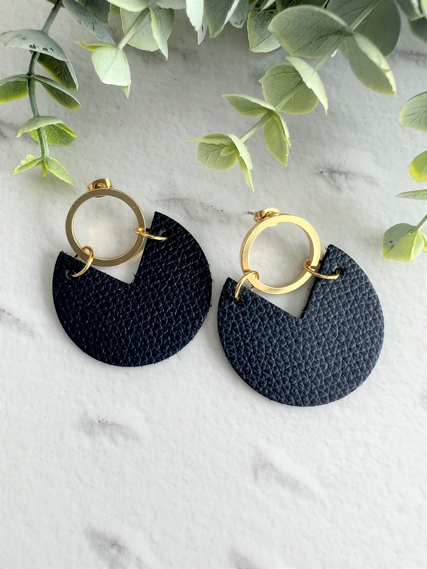 Handmade Genuine Cork and Leather Circle dangle earring - drop earring, birthday gift, navy handmade earrings, leather jewellery