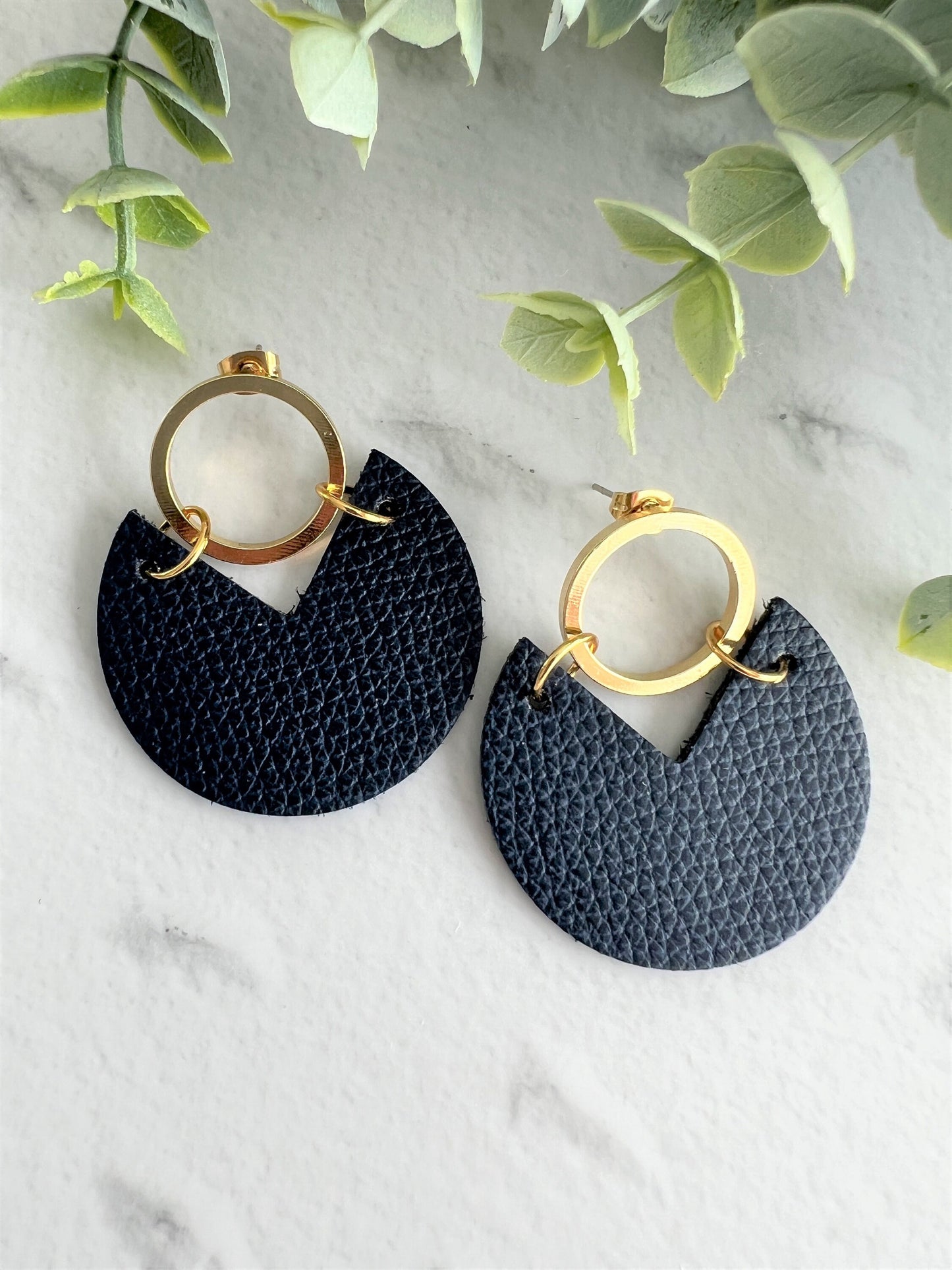 Handmade Genuine Cork and Leather Circle dangle earring - drop earring, birthday gift, navy handmade earrings, leather jewellery