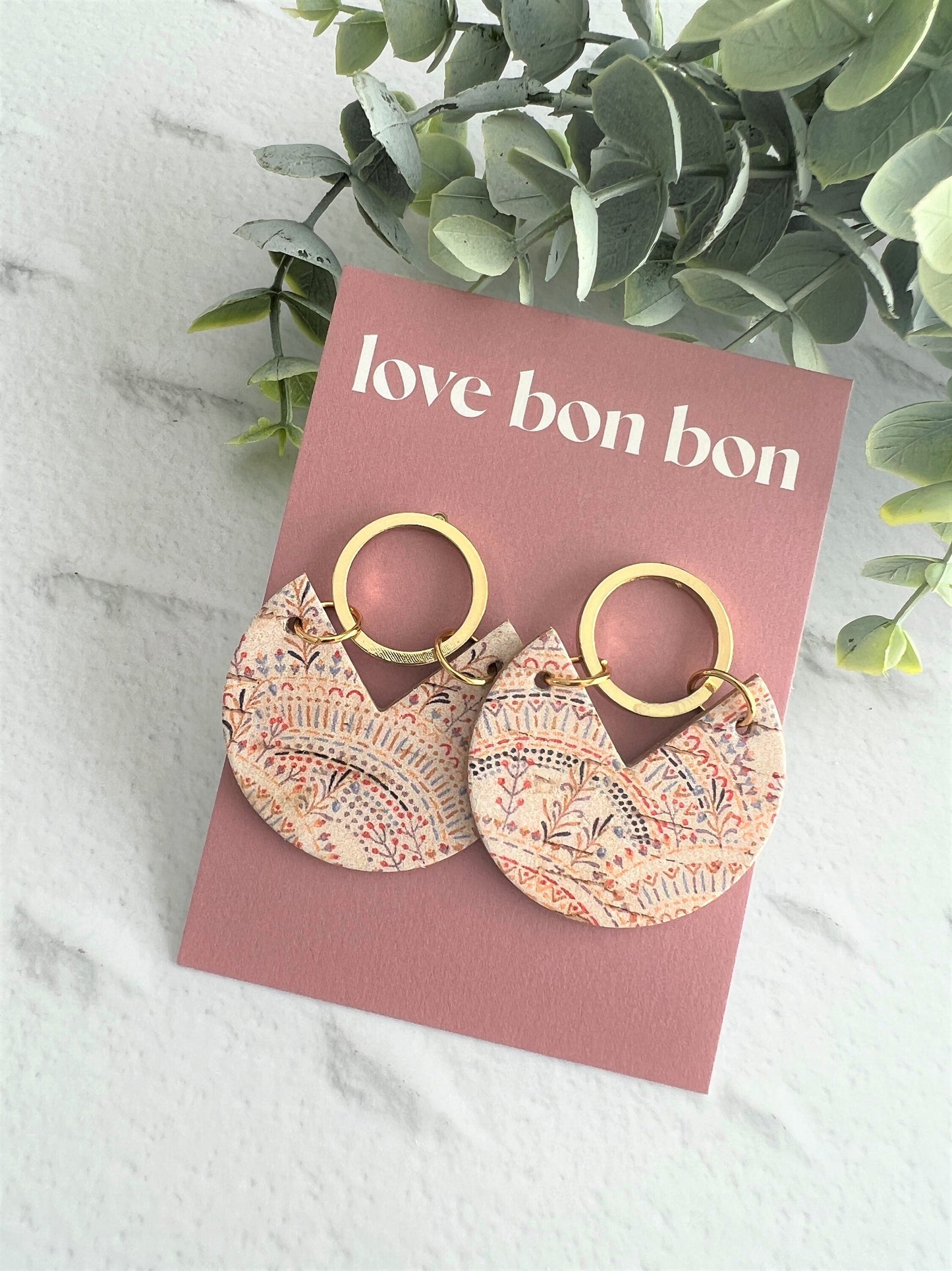Handmade Genuine Cork and Leather Circle dangle earring - drop earring, birthday gift, gift for her, handmade earrings, leather jewellery