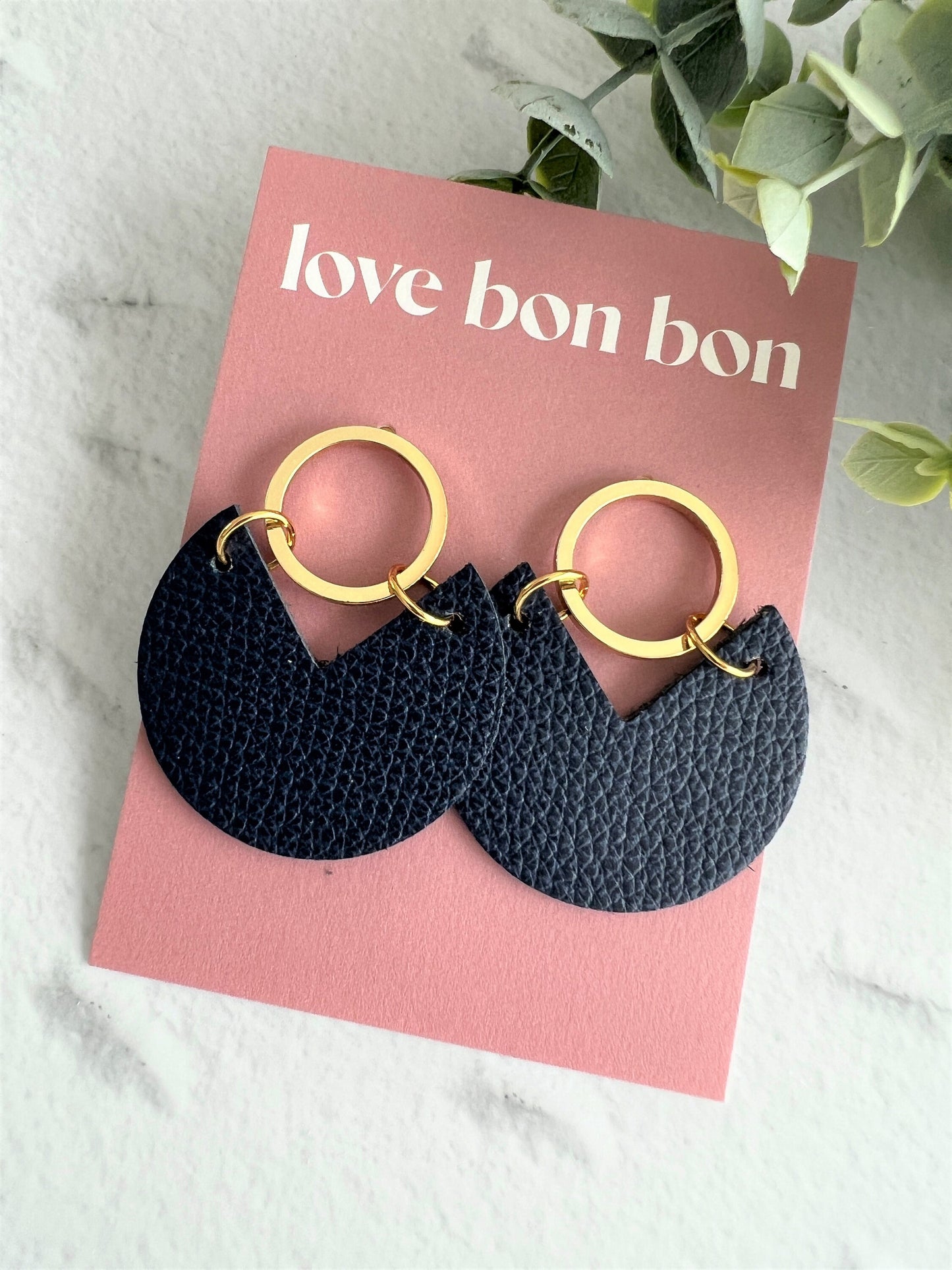Handmade Genuine Cork and Leather Circle dangle earring - drop earring, birthday gift, navy handmade earrings, leather jewellery