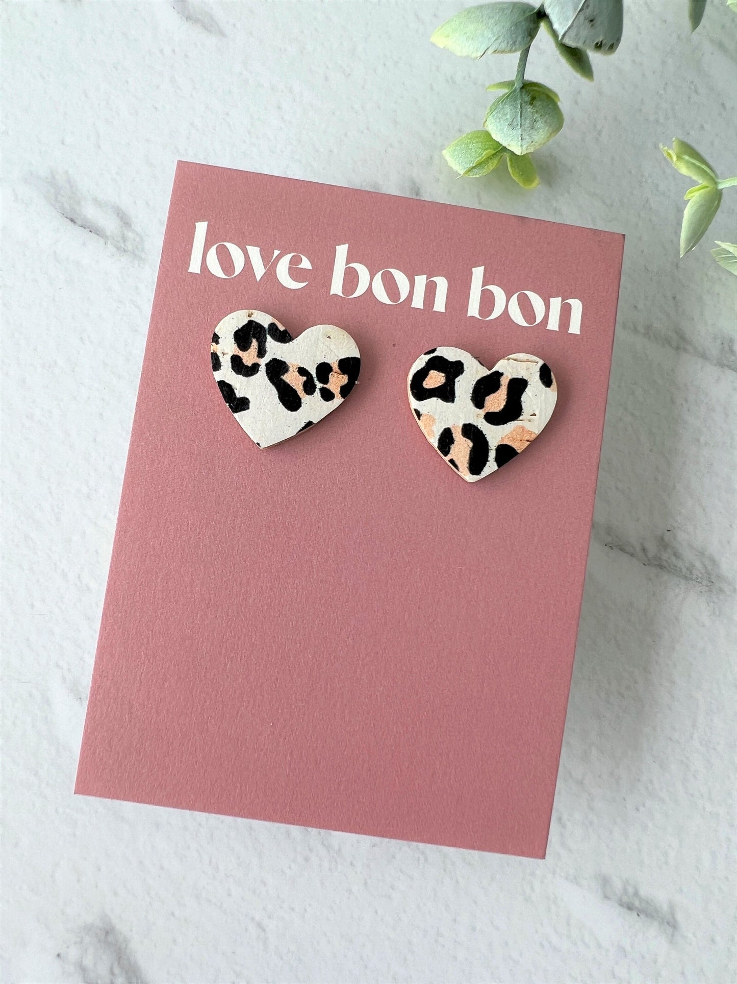Bella - Cork & Leather Handmade Heart Earring with gold stainless steel post