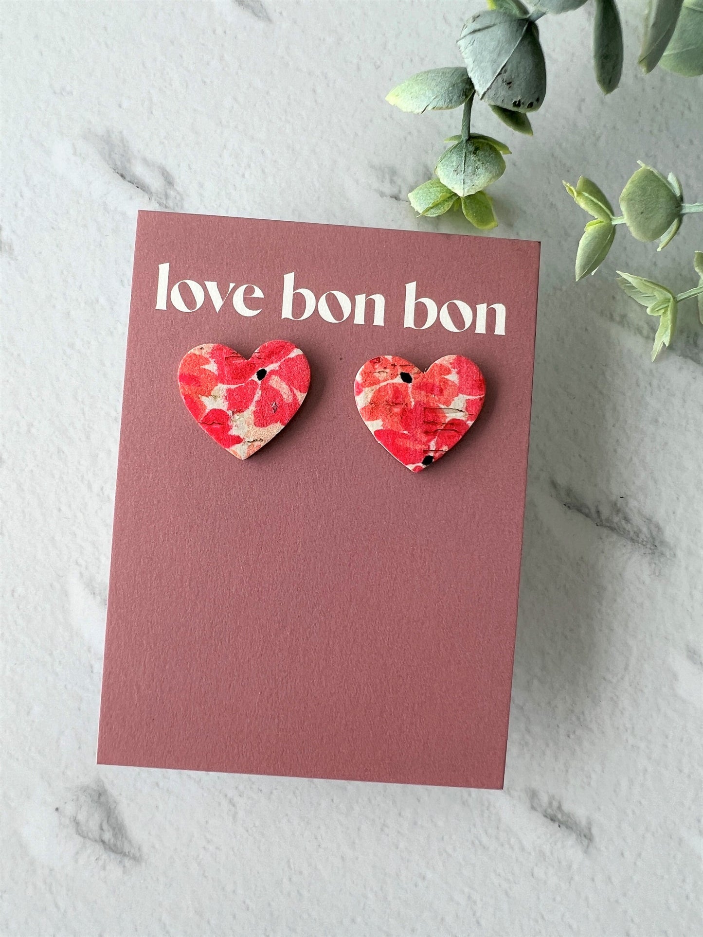 Bella - Cork & Leather Handmade Heart Earring with gold stainless steel post