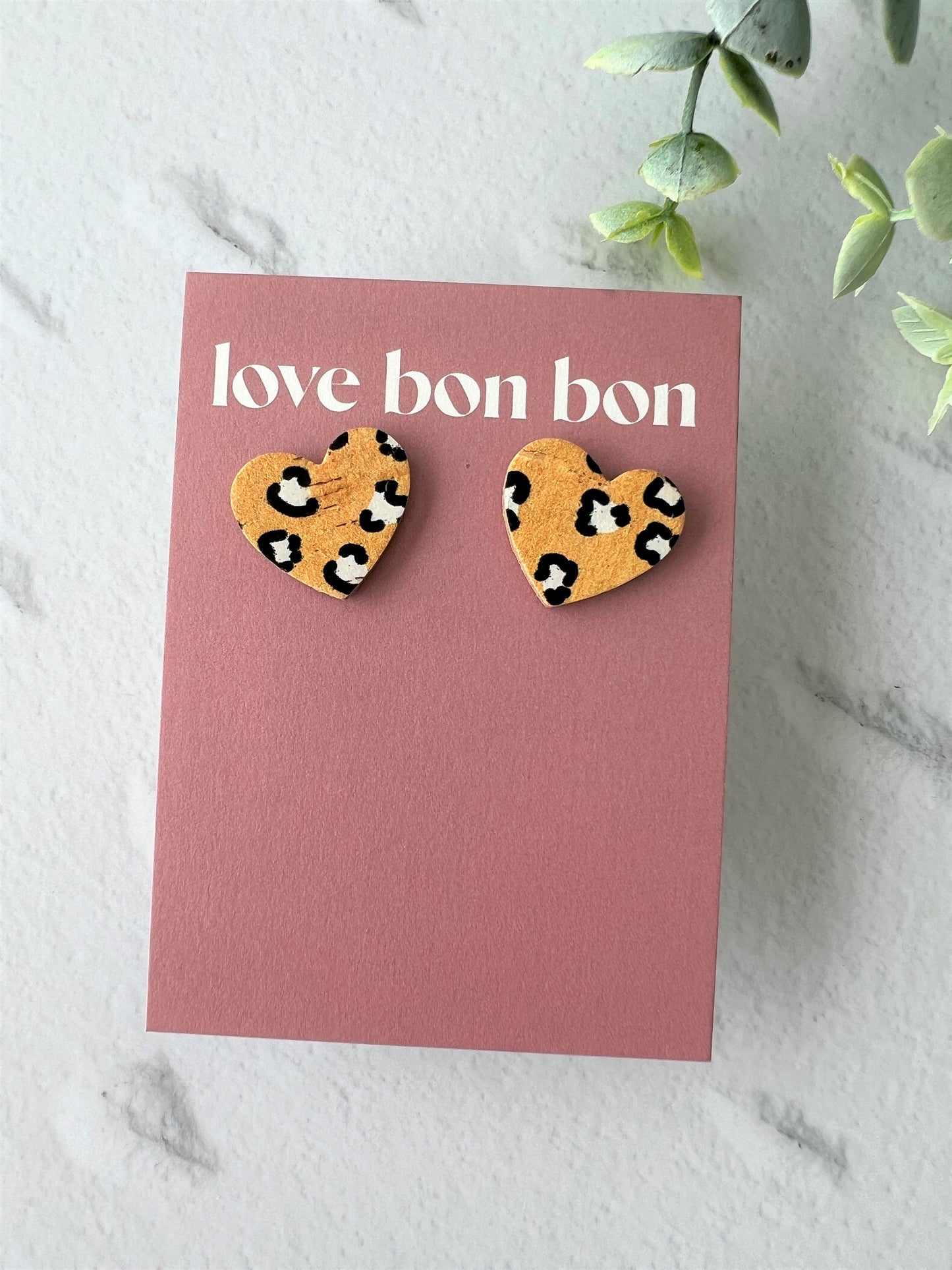 Bella - Cork & Leather Handmade Heart Earring with gold stainless steel post