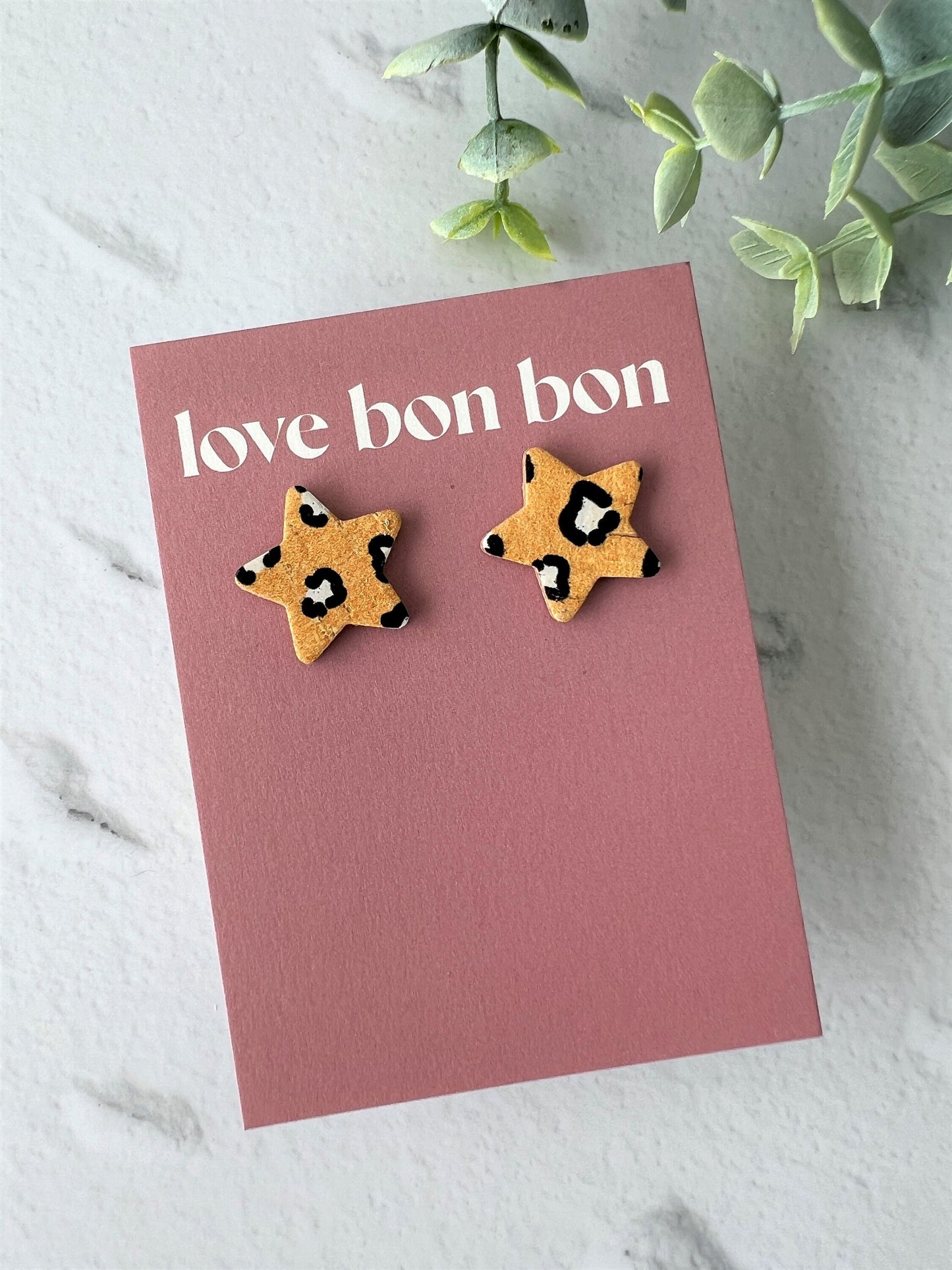 Bella - Cork & Leather Handmade Star Earring with gold stainless steel post