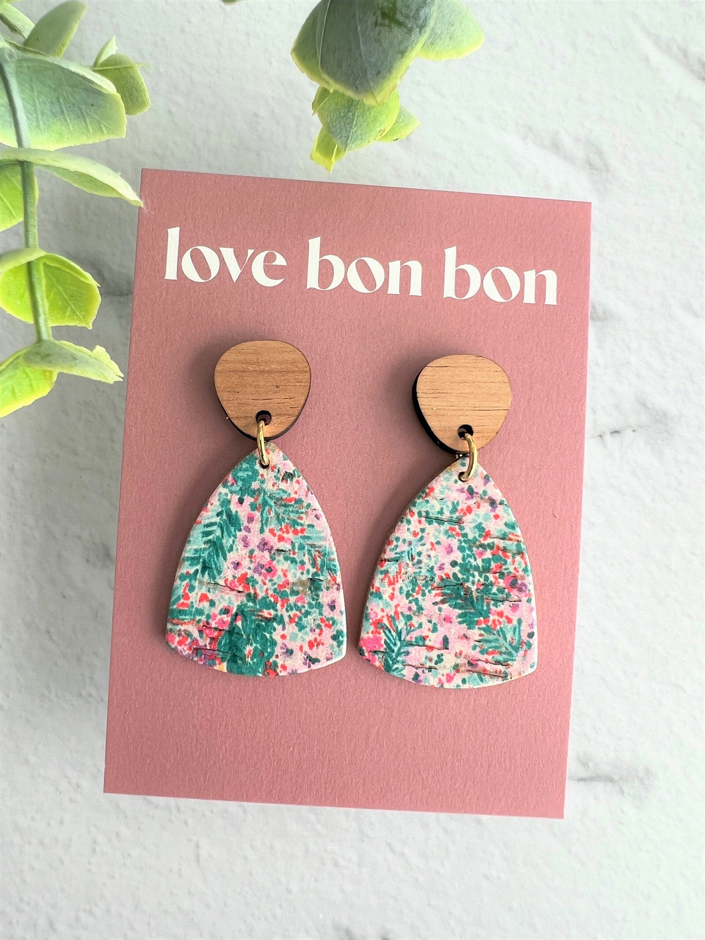 Leather Handmade Triangle Earring with Wooden topper and stainless steel post, dangle earring, birthday gift, yellow leather earring