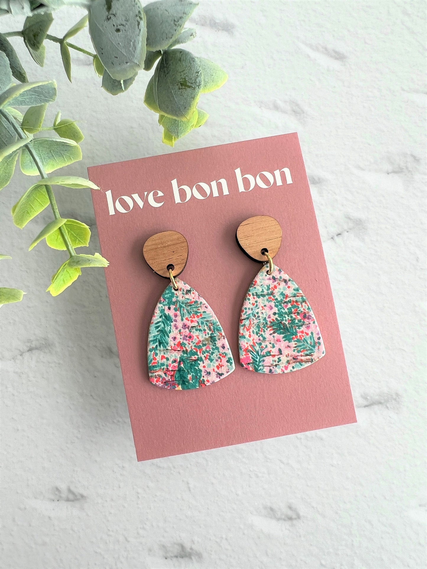 Leather Handmade Triangle Earring with Wooden topper and stainless steel post, dangle earring, birthday gift, yellow leather earring