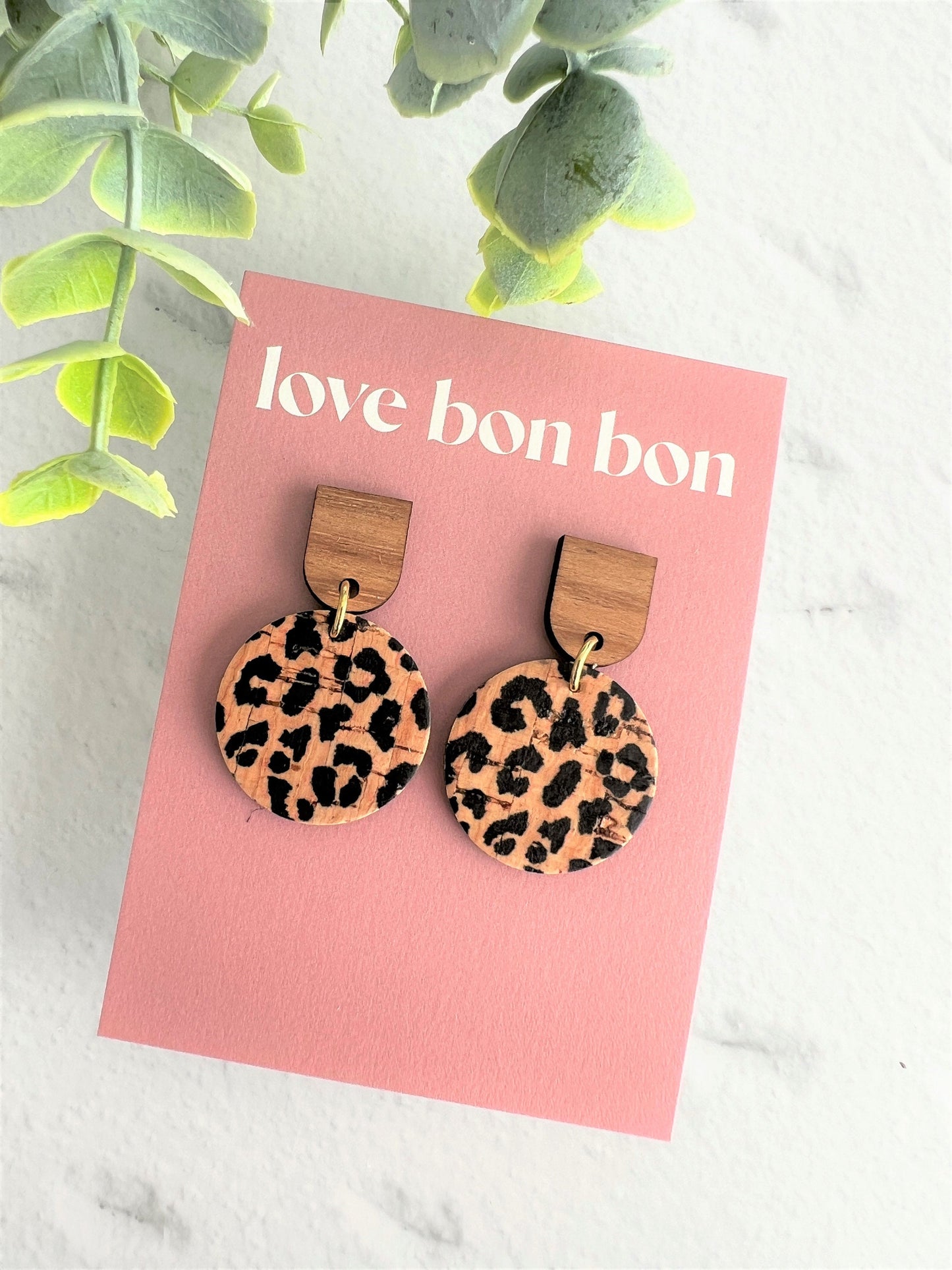 Marley - Cork Leopard Cork & Leather Handmade Circle Dangle Earrings