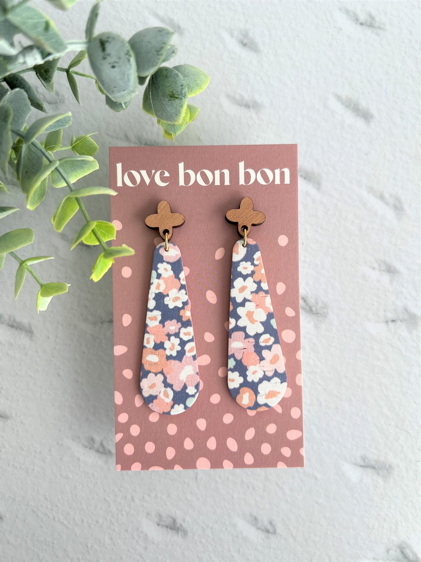 Cork & Leather Bar Drop Handmade Earring with Wooden topper - gifts for her - drop earrings - dangle earrings - birthday gift