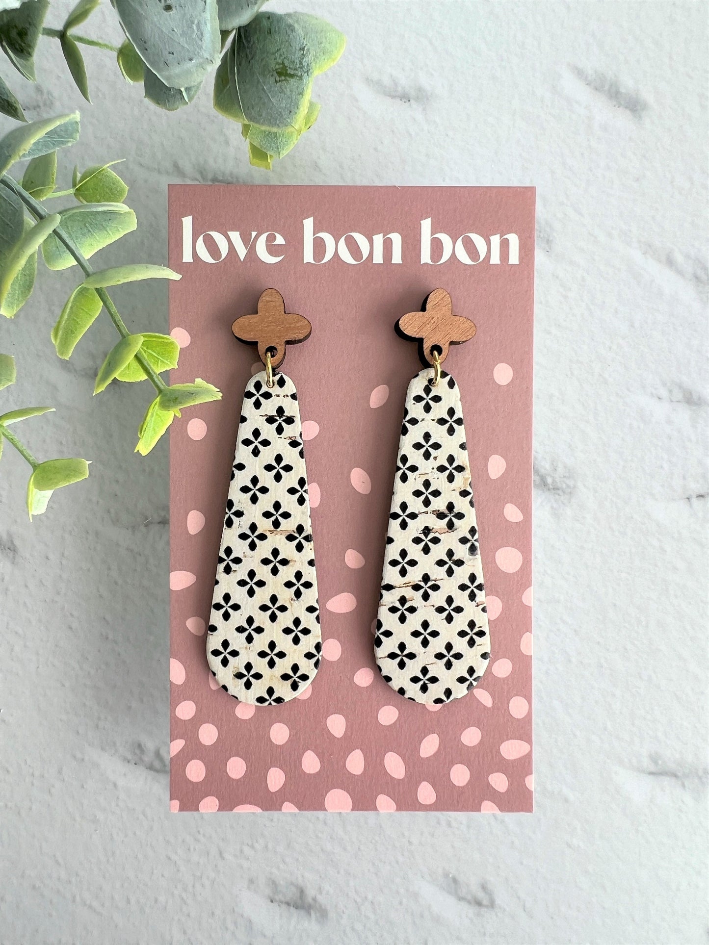 Cork & Leather Bar Drop Handmade Earring with Wooden topper - gifts for her - drop earrings - dangle earrings - birthday gift